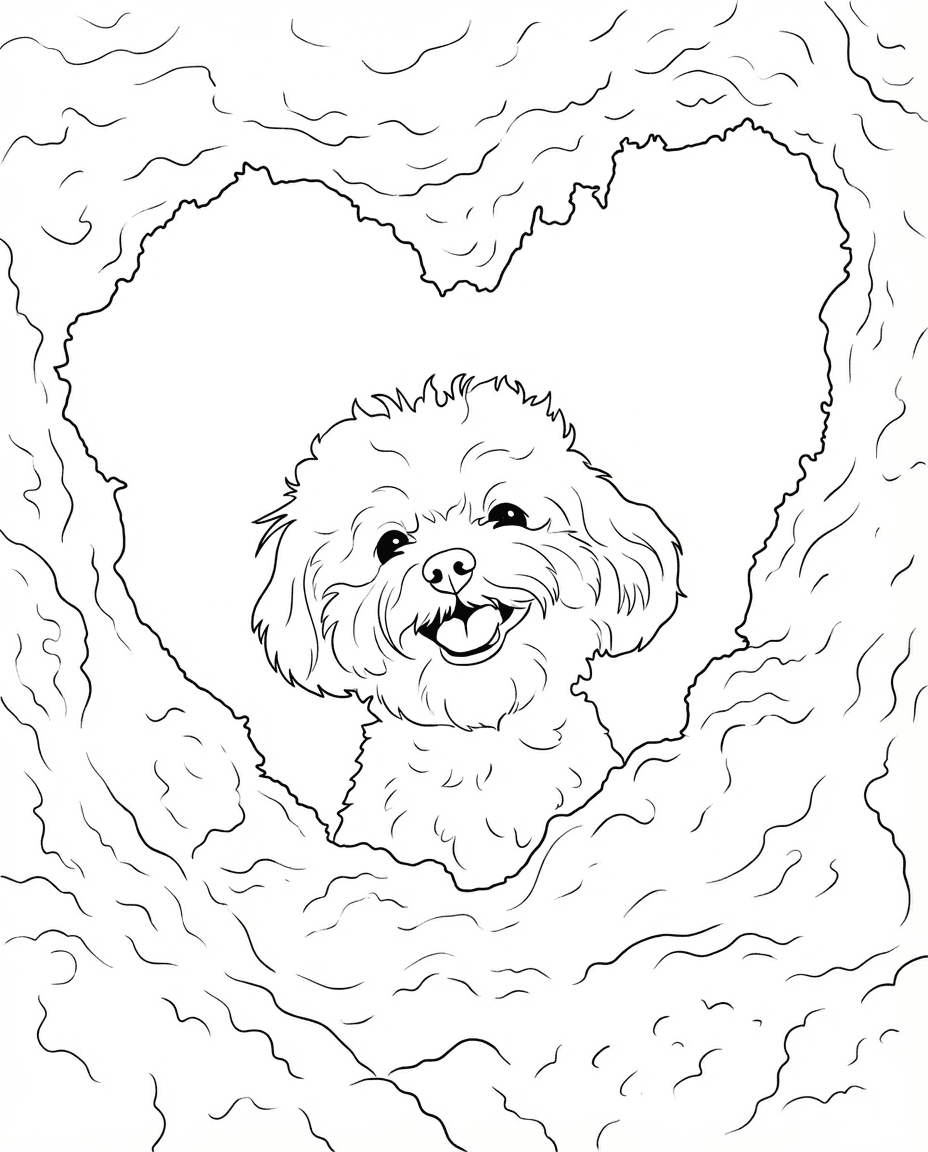 Cute puppy coloring page in heart shaped sand frame - AI generated line art