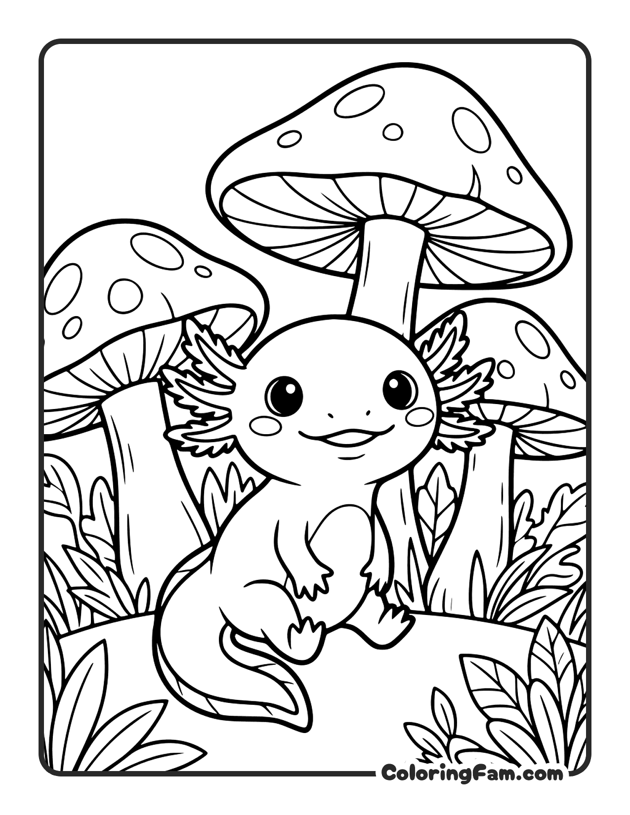 Axolotl With Mushrooms coloring page