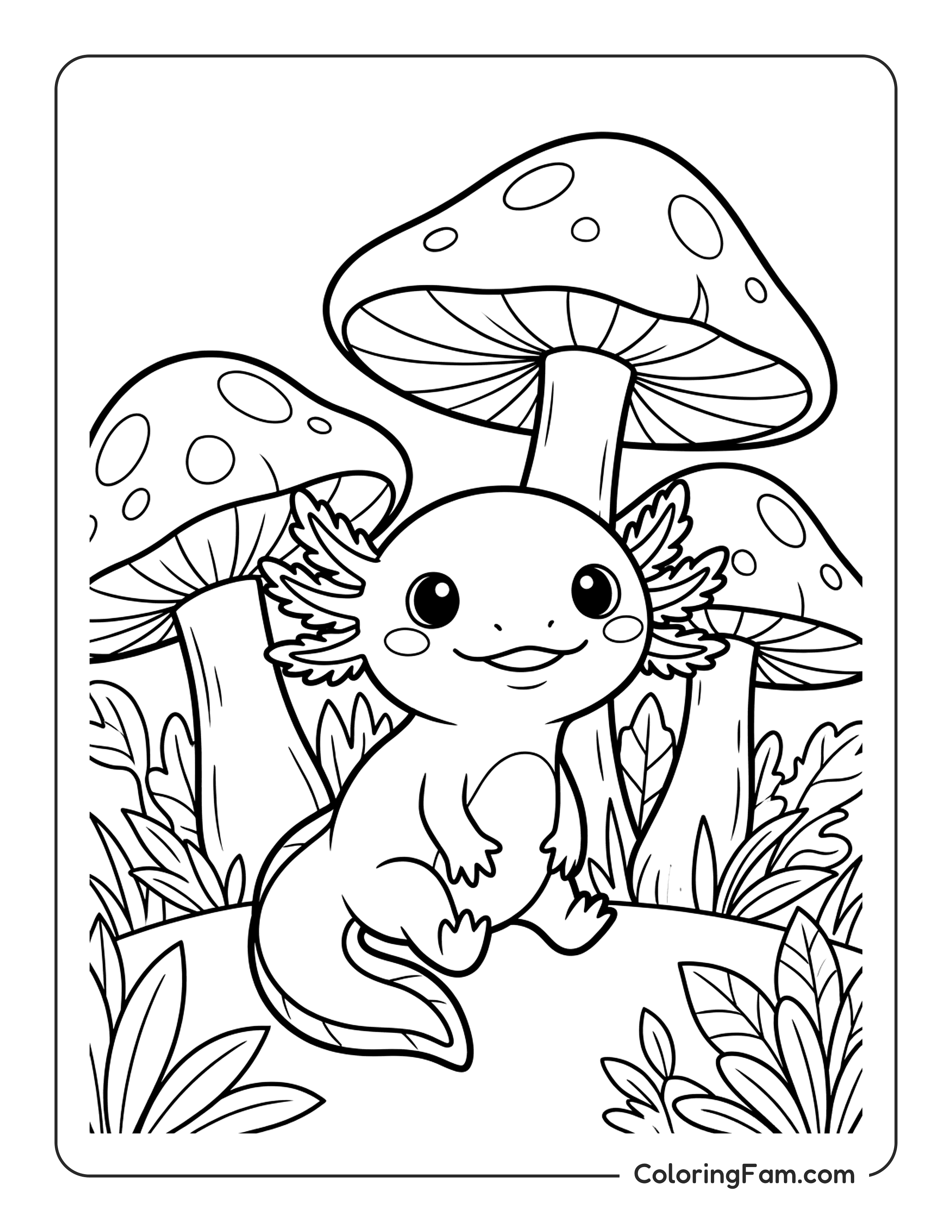 Axolotl With Mushrooms coloring page