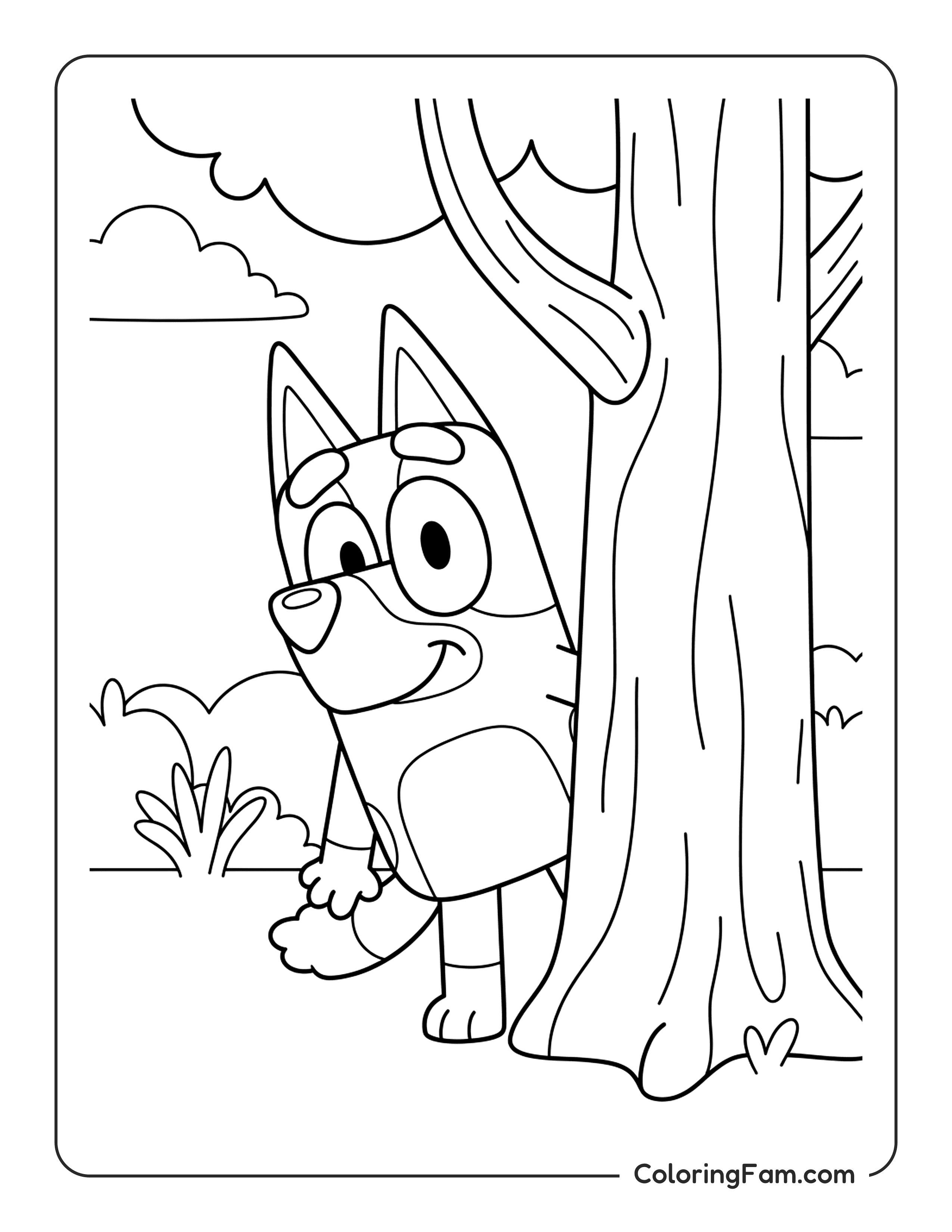Bingo Playing Hide And Seek Behind A Tree coloring page