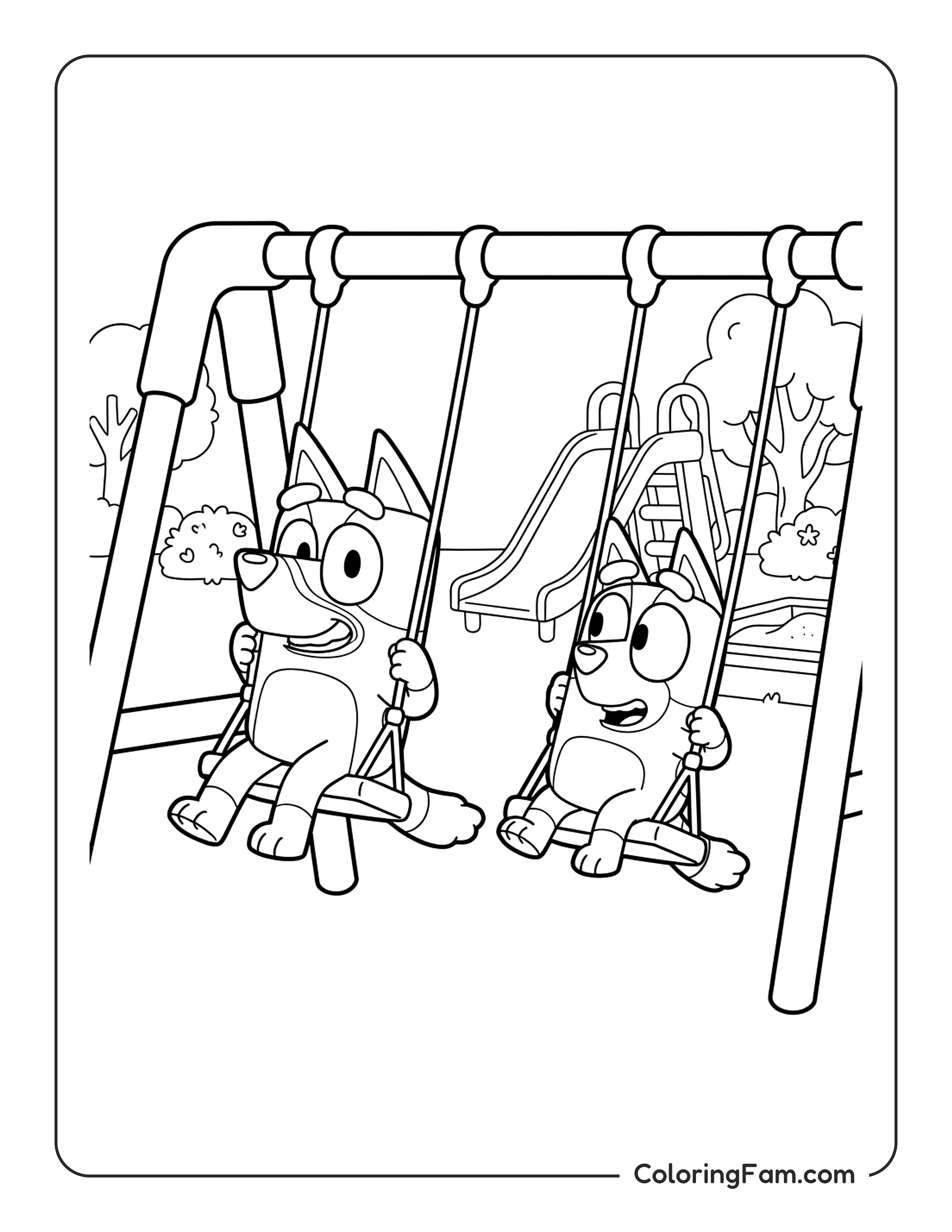 Bluey And Bingo At The Playground On Swings coloring page