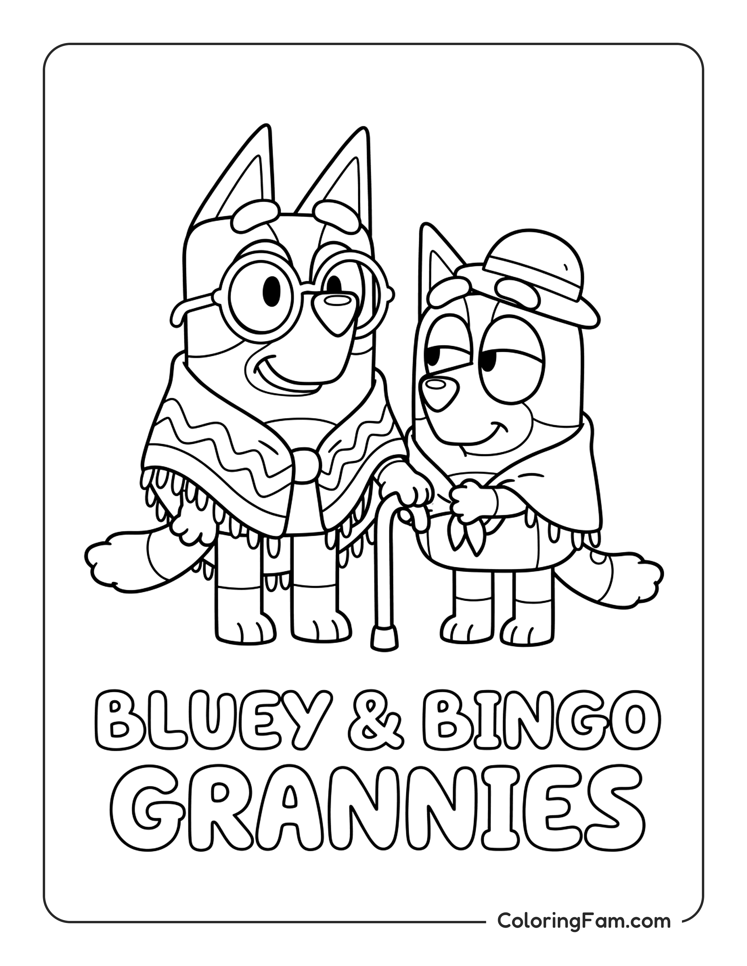 Bluey And Bingo Playing Grannies In Costumes coloring page