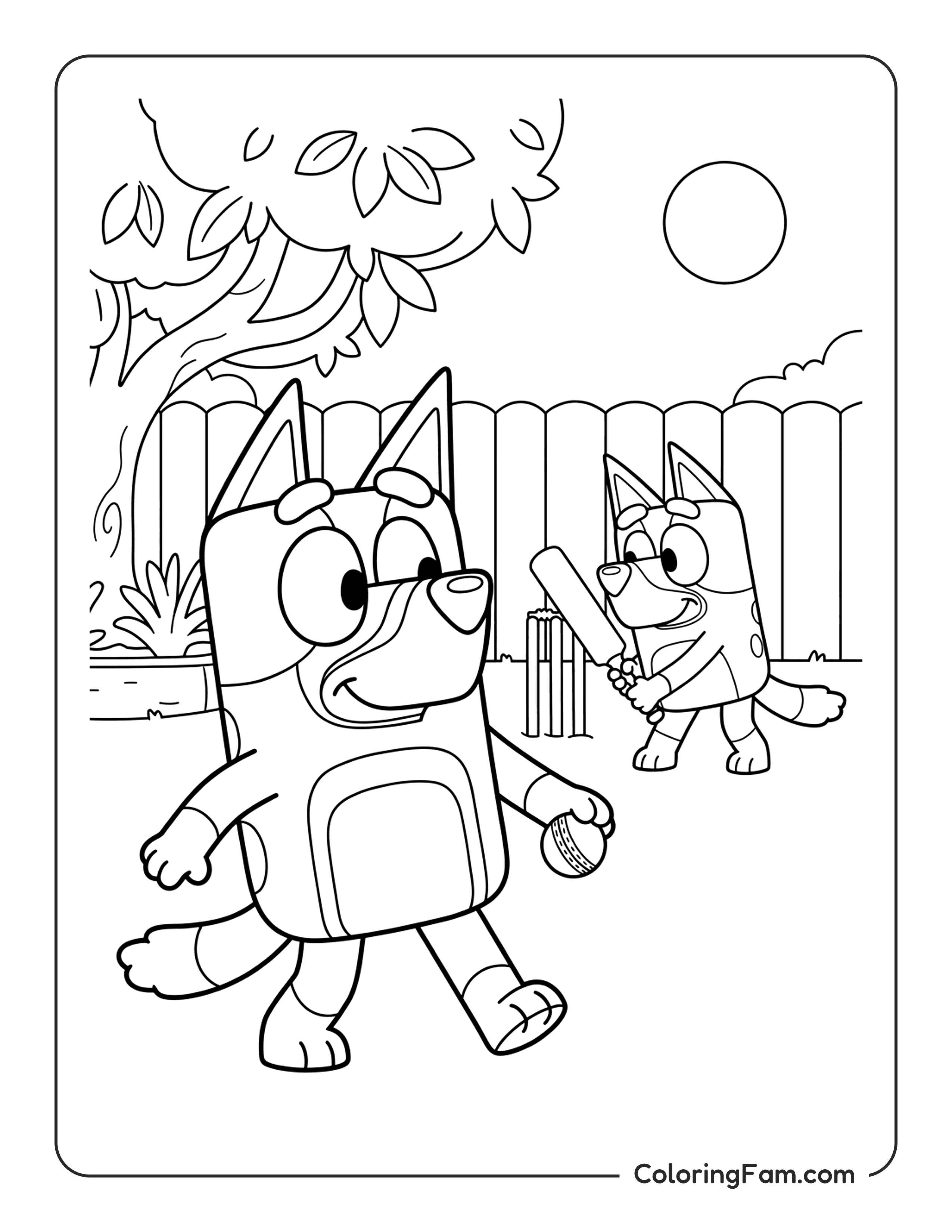 Bandit And Bluey Playing Backyard Cricket coloring page