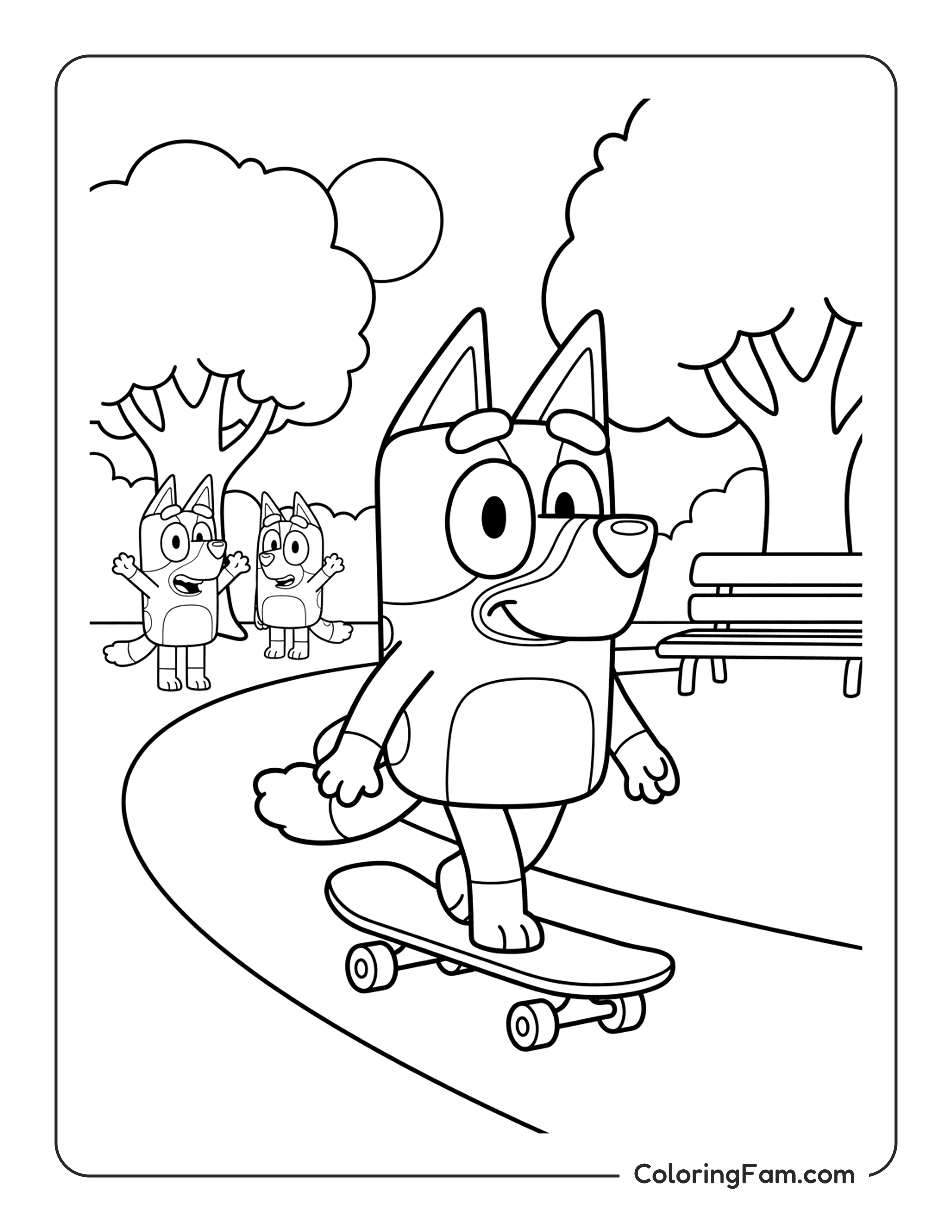 Bluey Riding A Skateboard At The Park coloring page