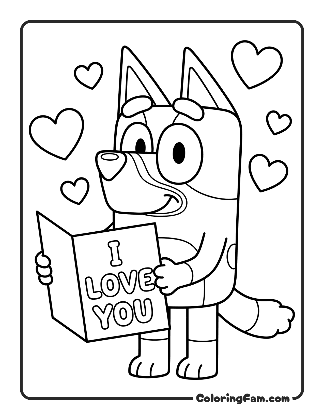Bluey Holding Valentine Love Card coloring page