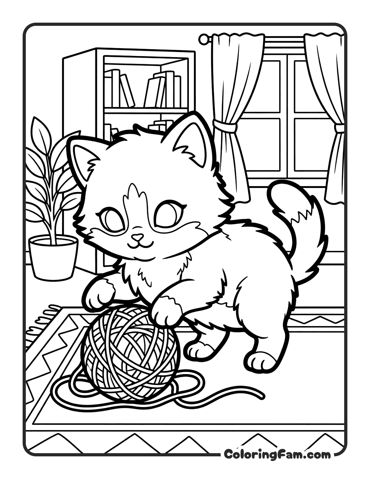 Fluffy Kitten Playing With A Ball Of Yarn coloring page