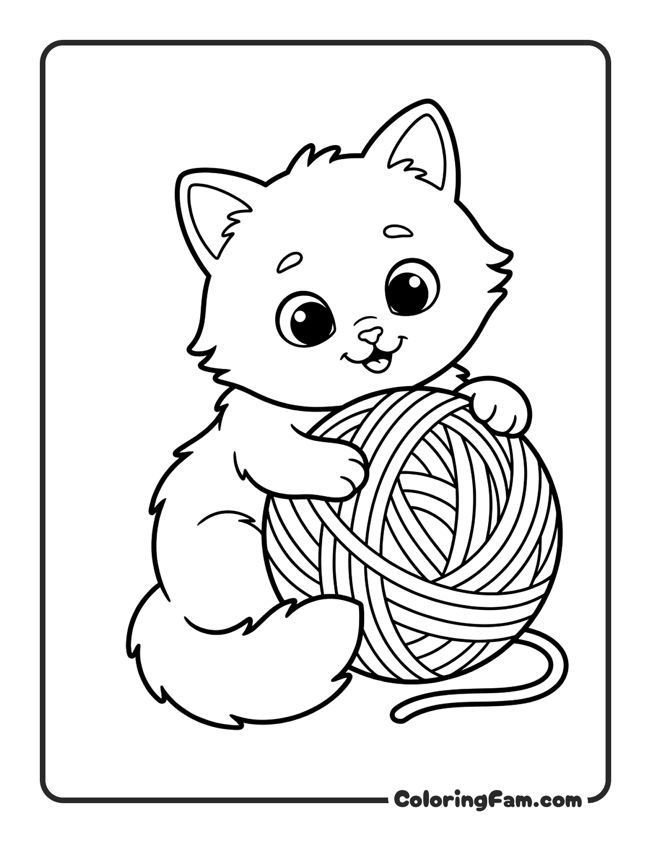 Fluffy Kitten Playing With A Ball Of Yarn coloring page