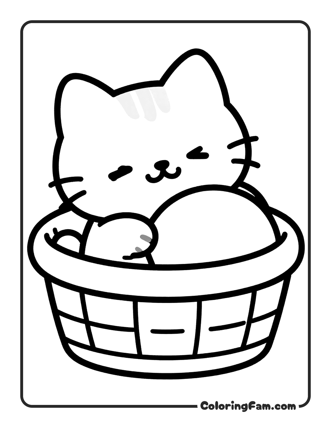 Cute Cat Curled Up Sleeping In A Cozy Basket coloring page