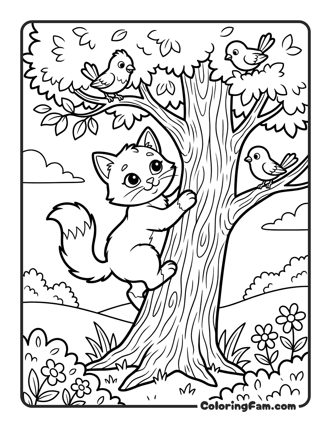 Cat Climbing A Tree With Birds Nearby coloring page