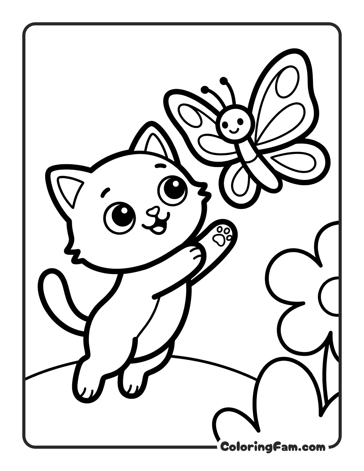 Kitten Chasing A Butterfly Easy coloring page