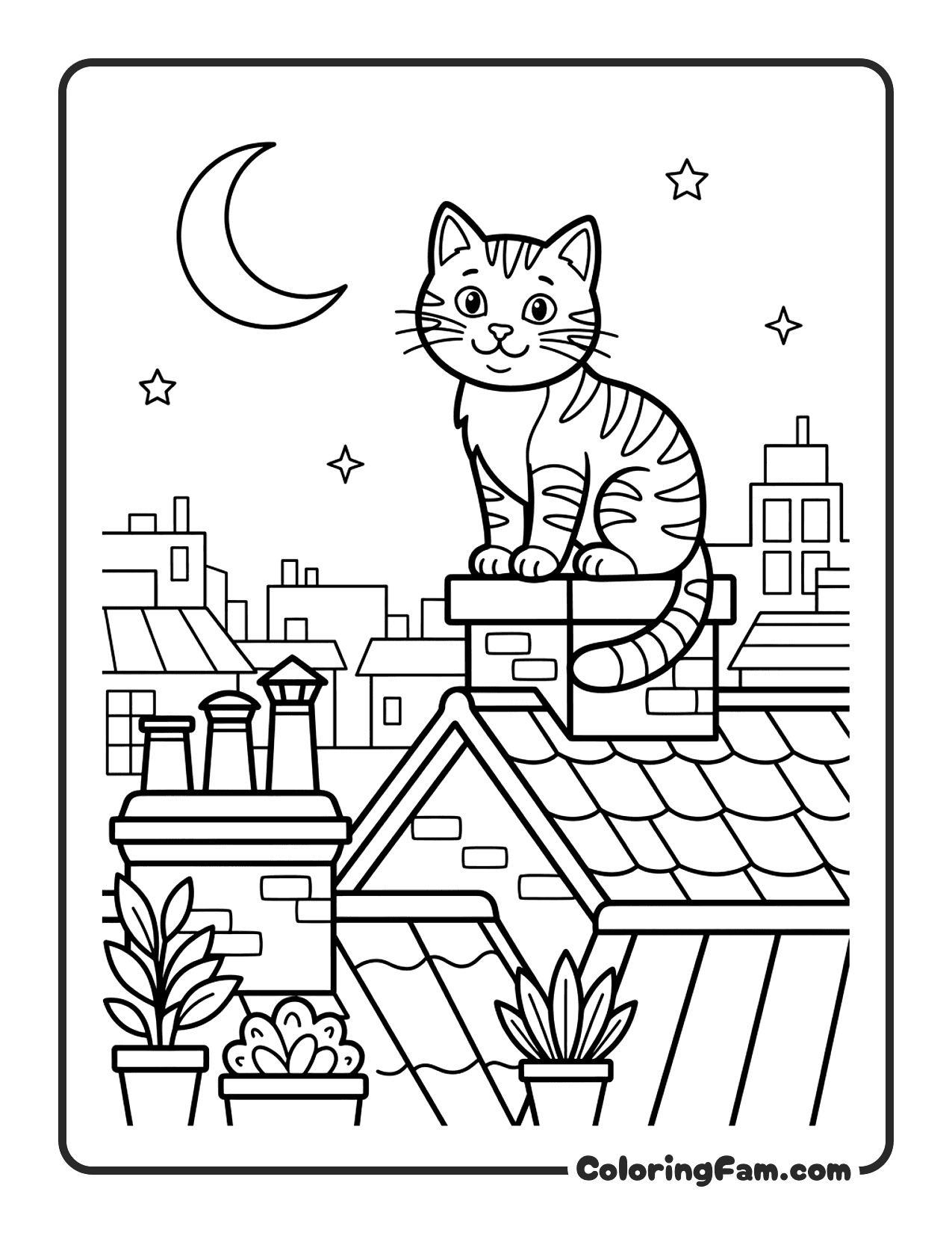 Cat On A Rooftop Under The Moon coloring page
