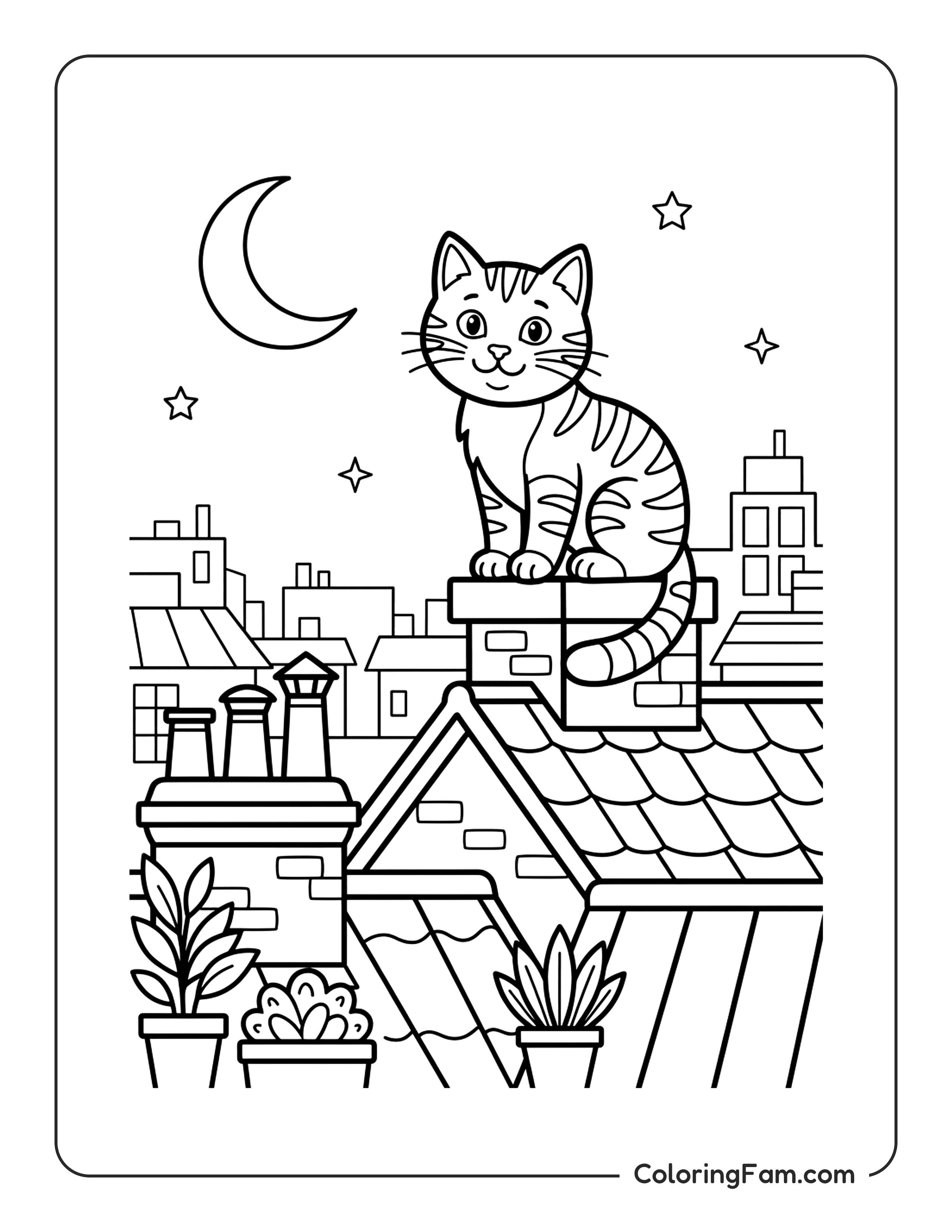 Cat On A Rooftop Under The Moon coloring page