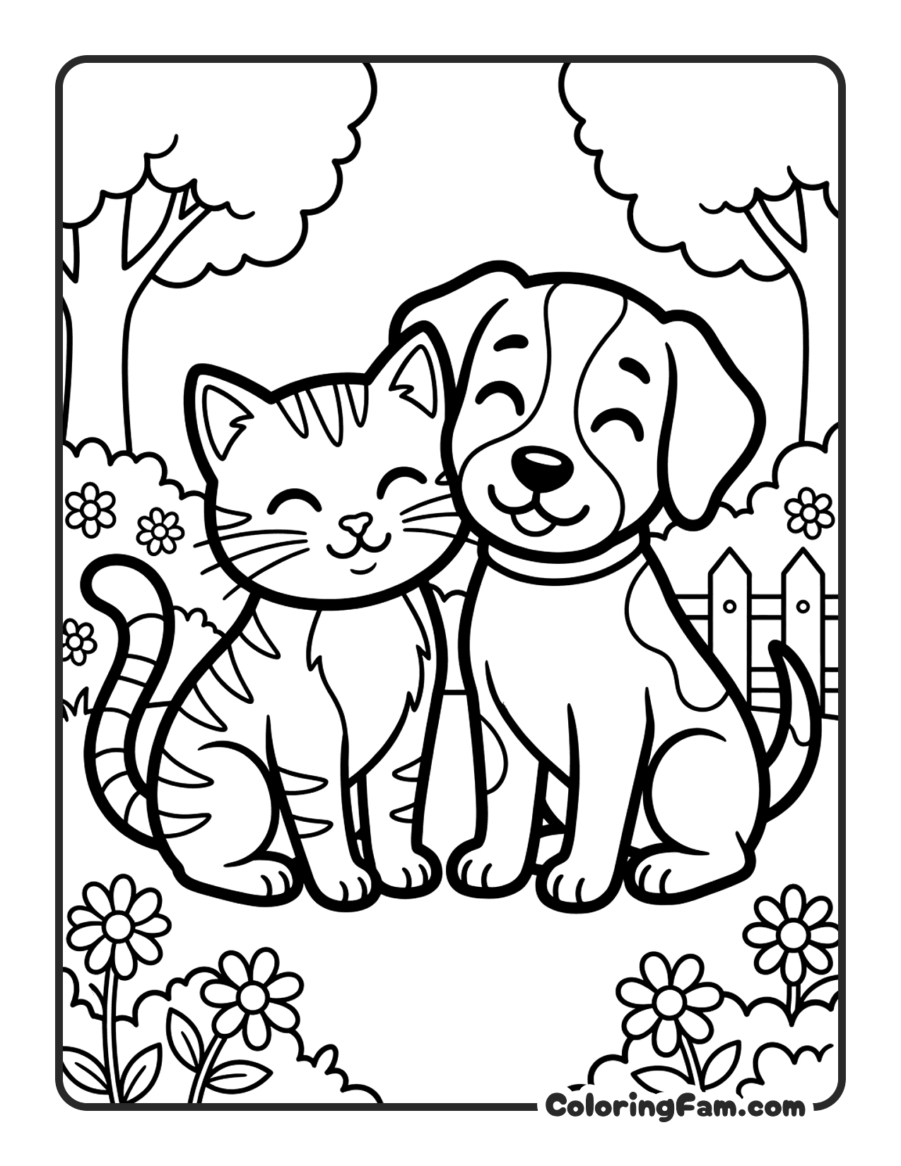 Cat And Dog Sitting Together As Friends coloring page