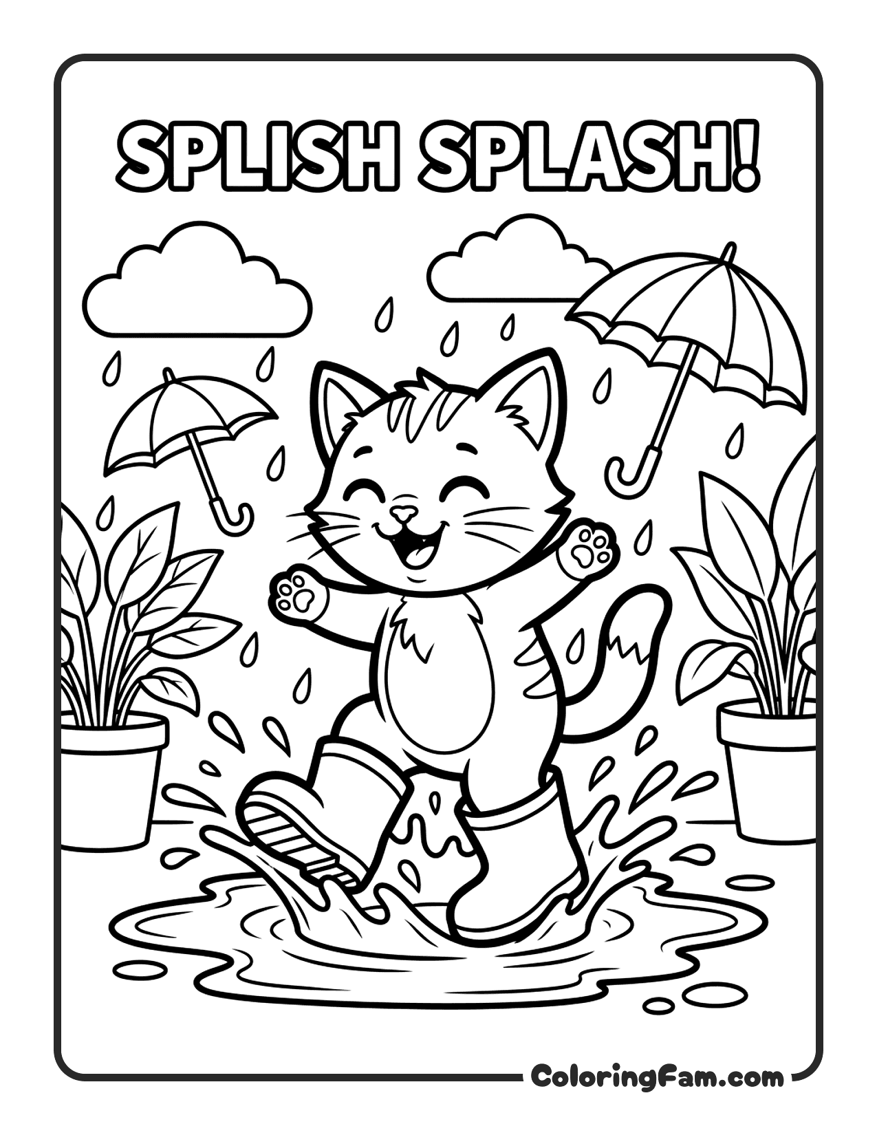 Kitten In Rain Boots Splashing In Puddles coloring page