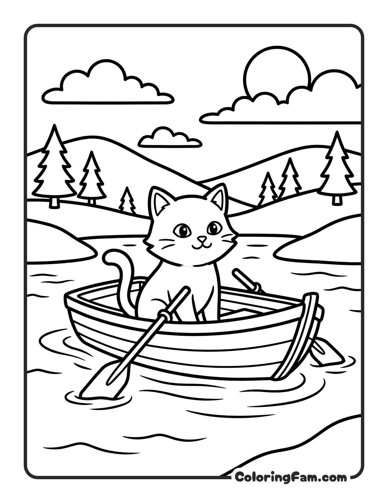 Cat On A Boat At A Calm Lake coloring page