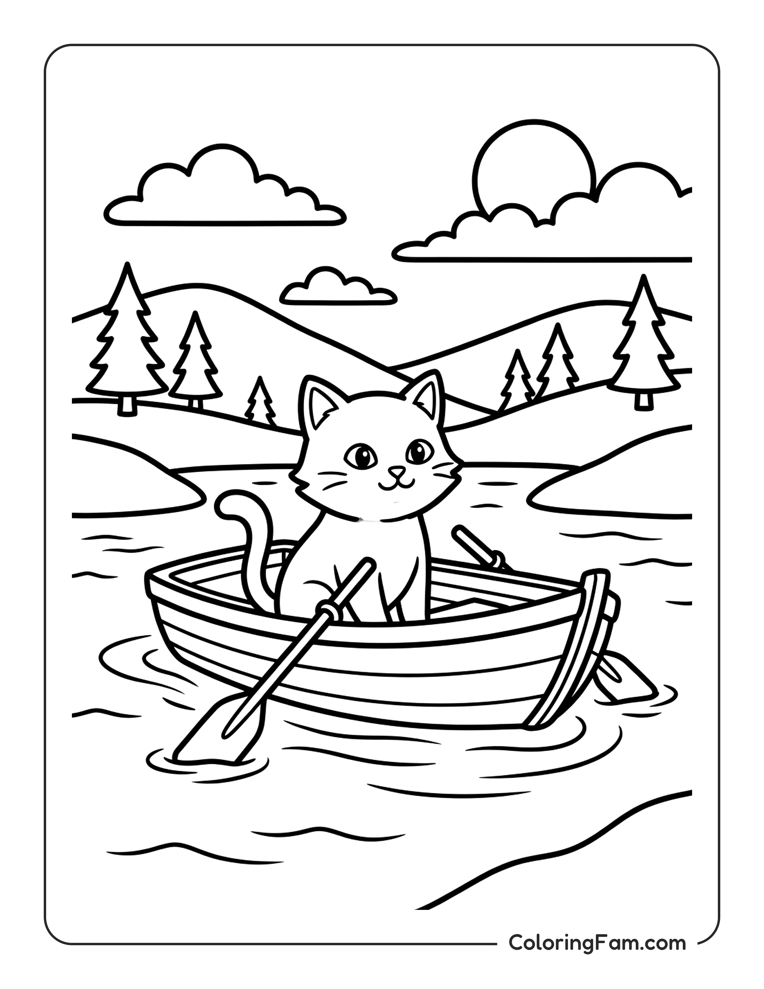 Cat On A Boat At A Calm Lake coloring page