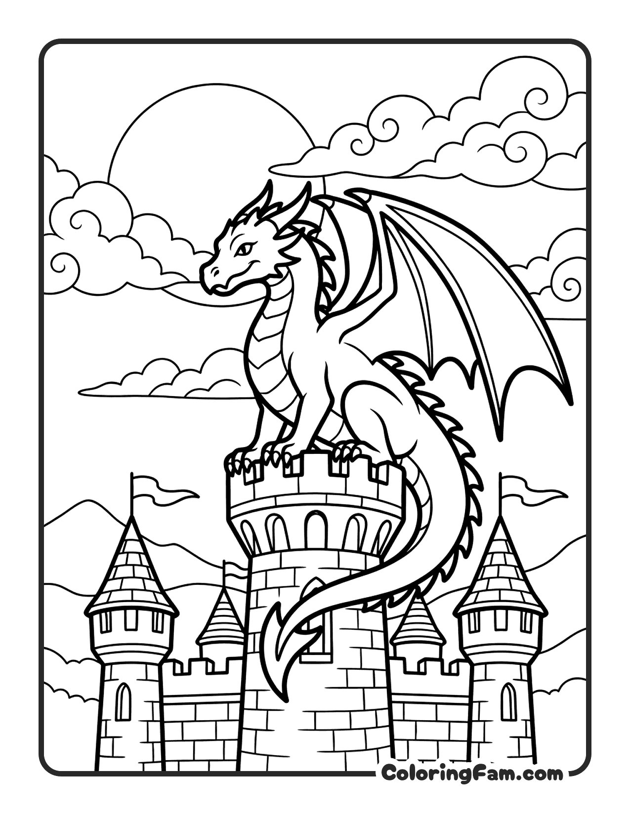 Dragon On Castle Tower coloring page