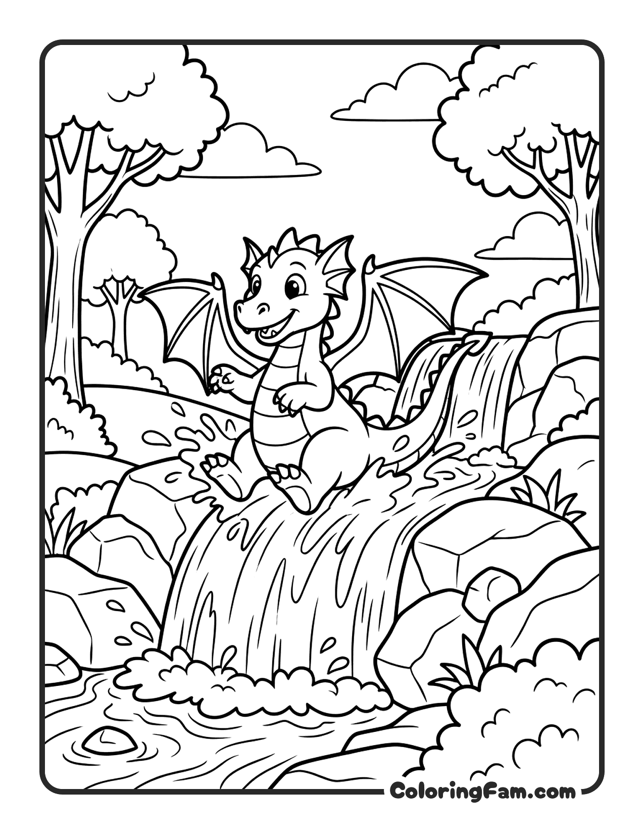 Dragon On Waterfall coloring page