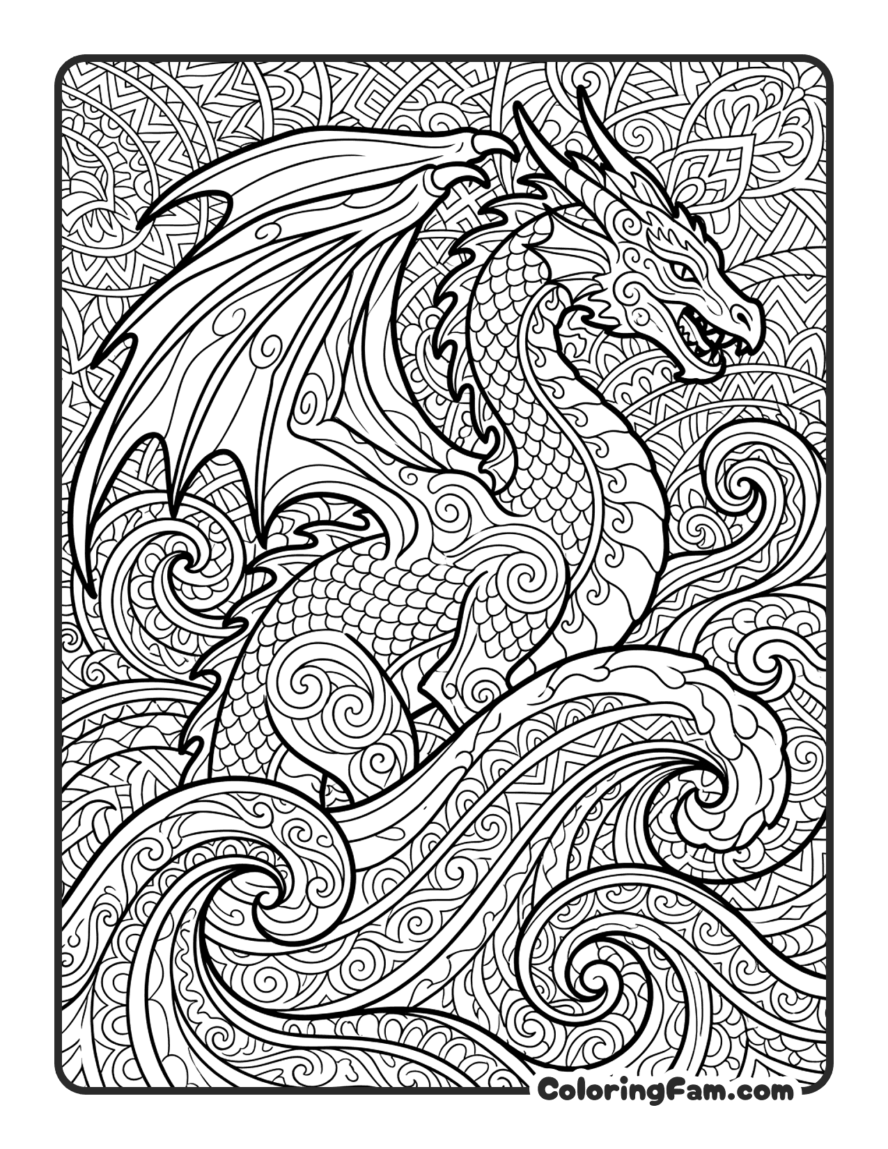Dragon On Waves coloring page