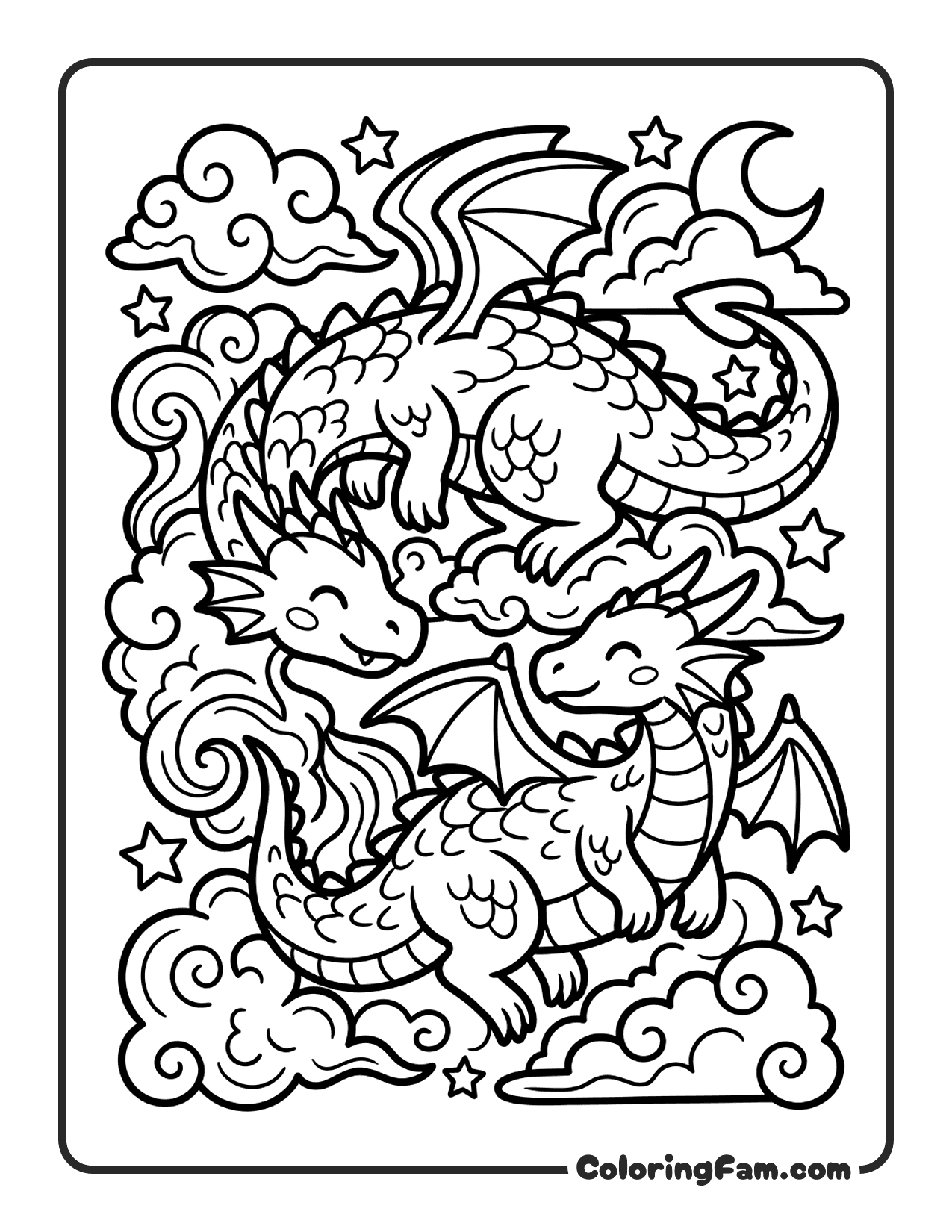 Dragon Three In Clouds coloring page