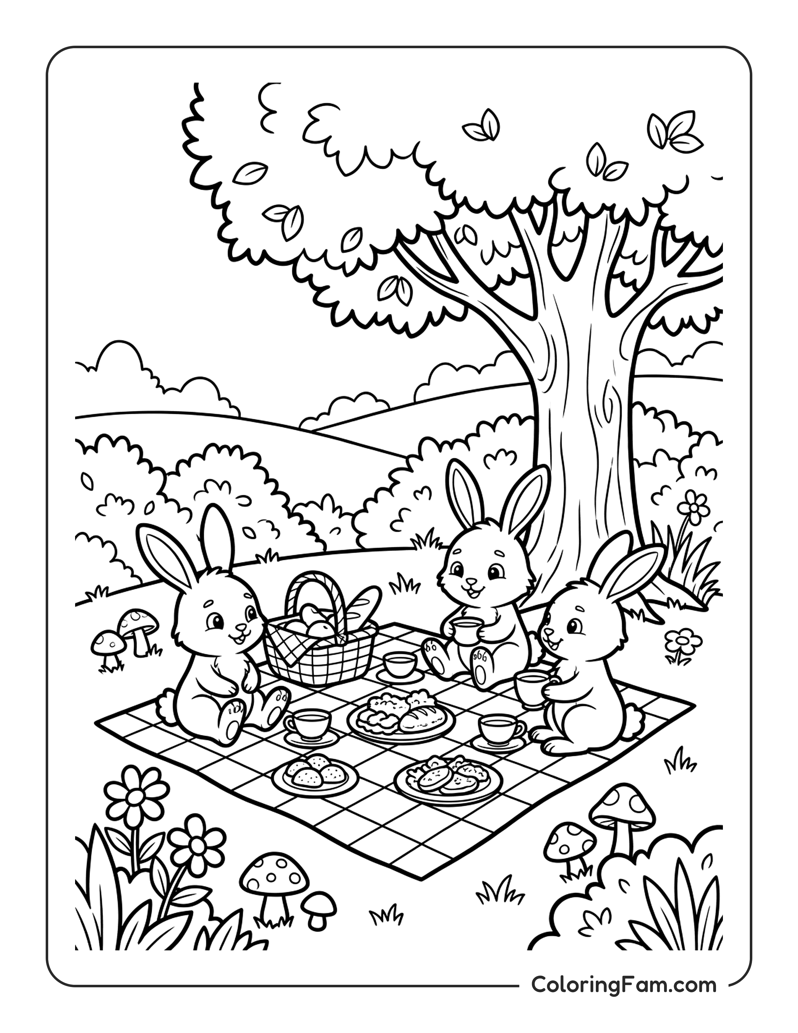 Bunny Picnic Under Tree coloring page