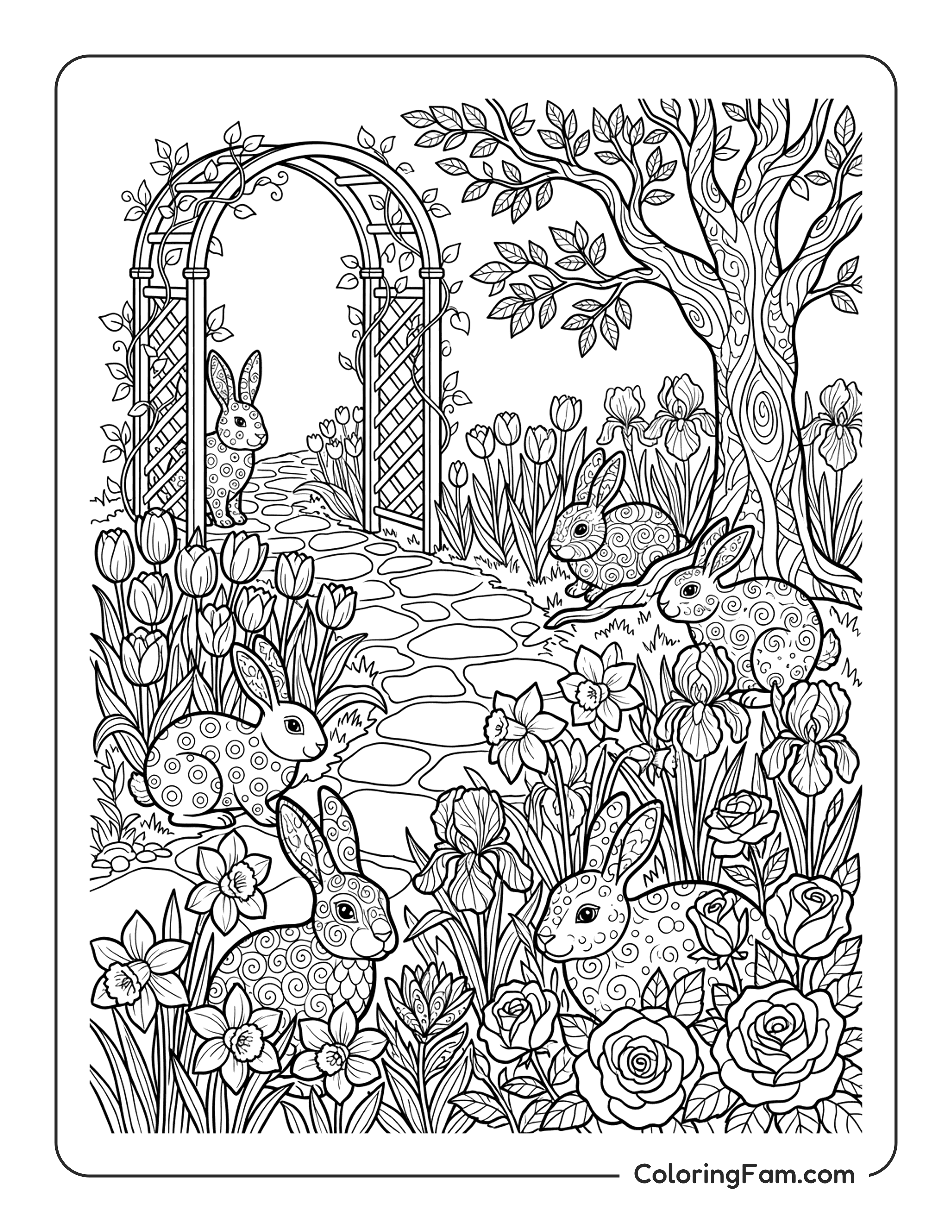 Rabbit Garden Scene coloring page