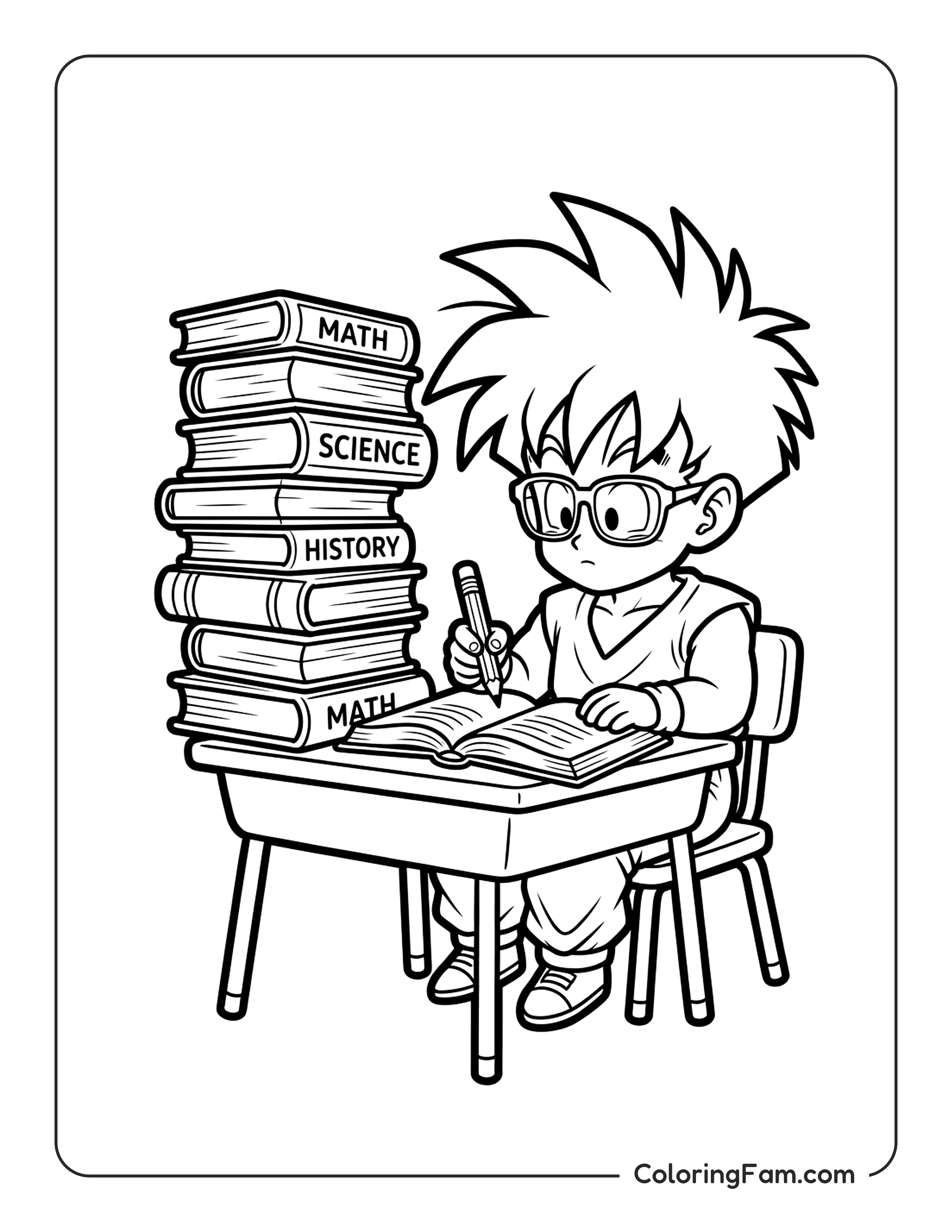 Gohan Studying With A Stack Of Books coloring page