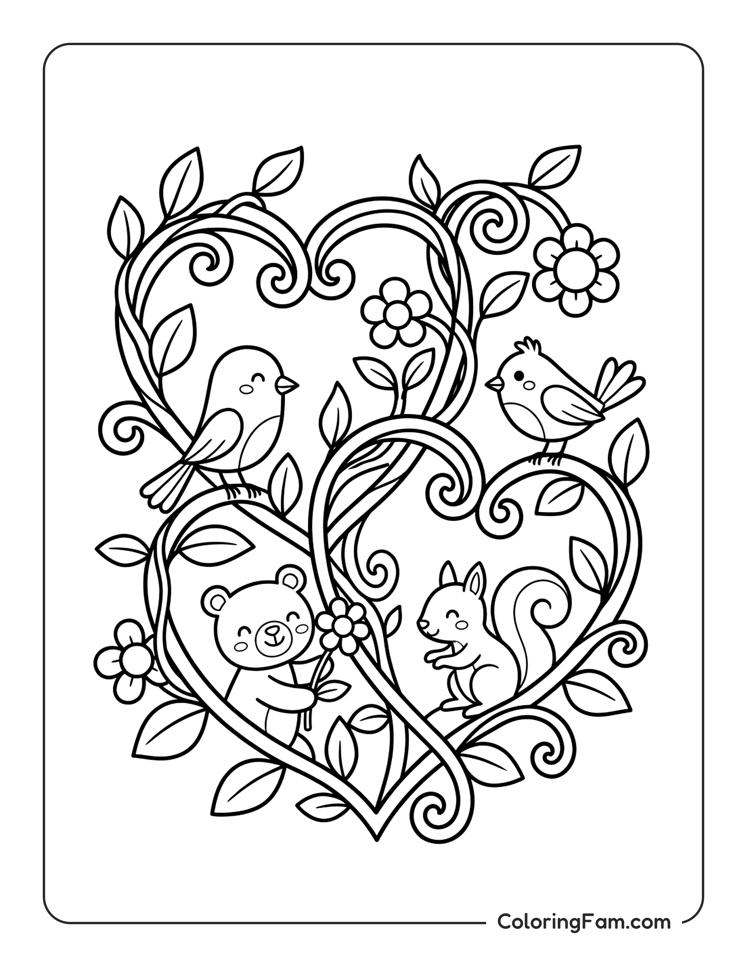 Double Hearts Intertwined With Flowering Vines coloring page