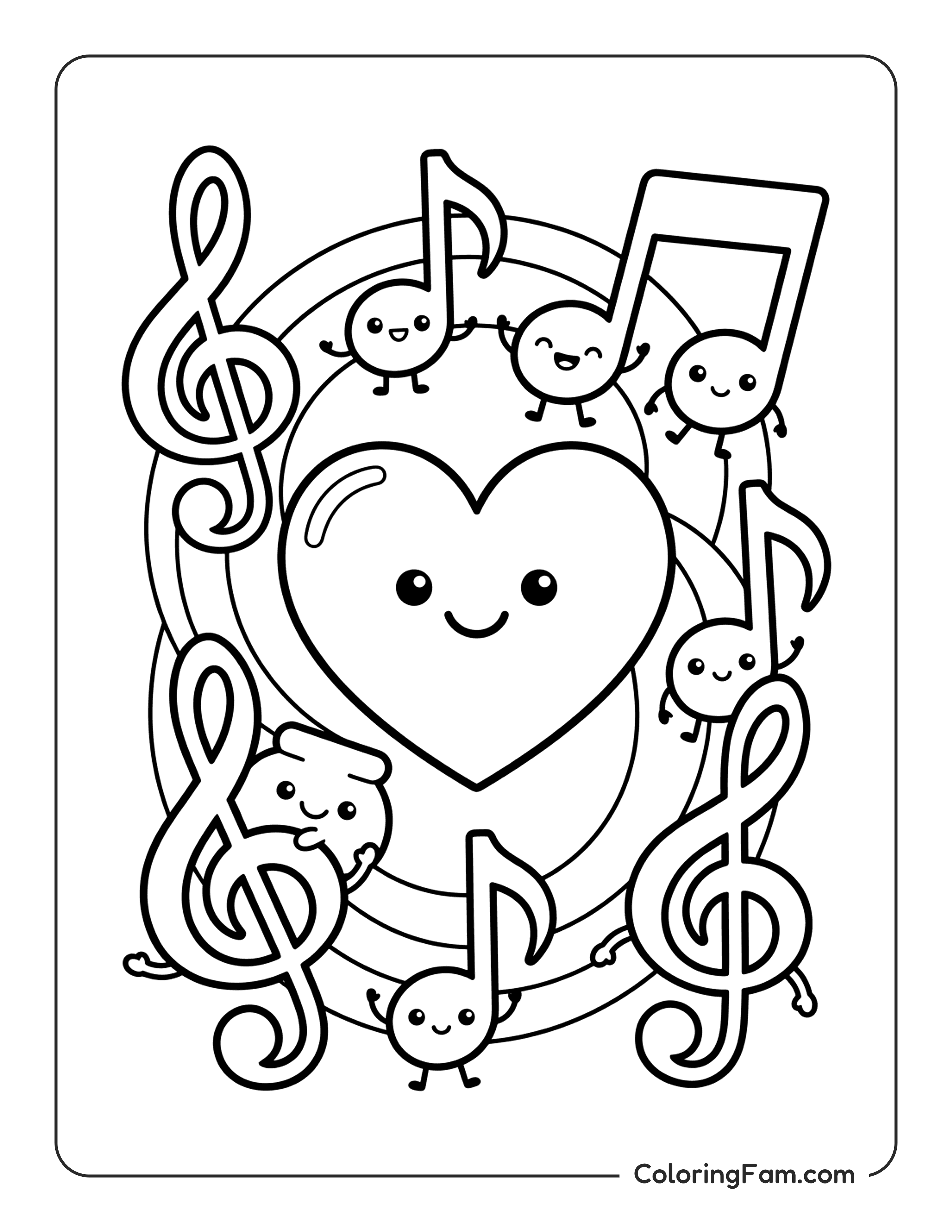 Heart With Musical Notes Swirling Around It coloring page