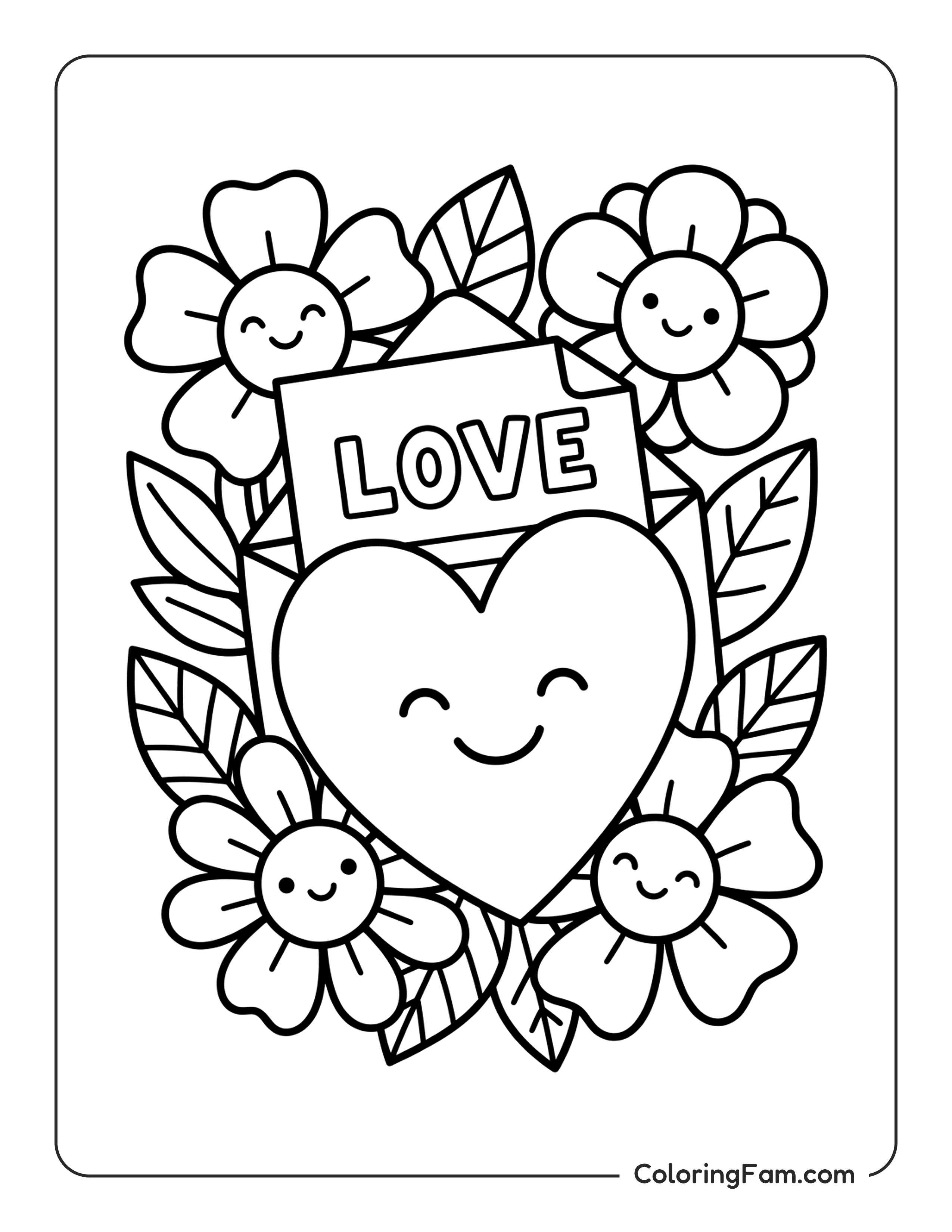 Heart Envelope With A Love Letter And Flowers coloring page