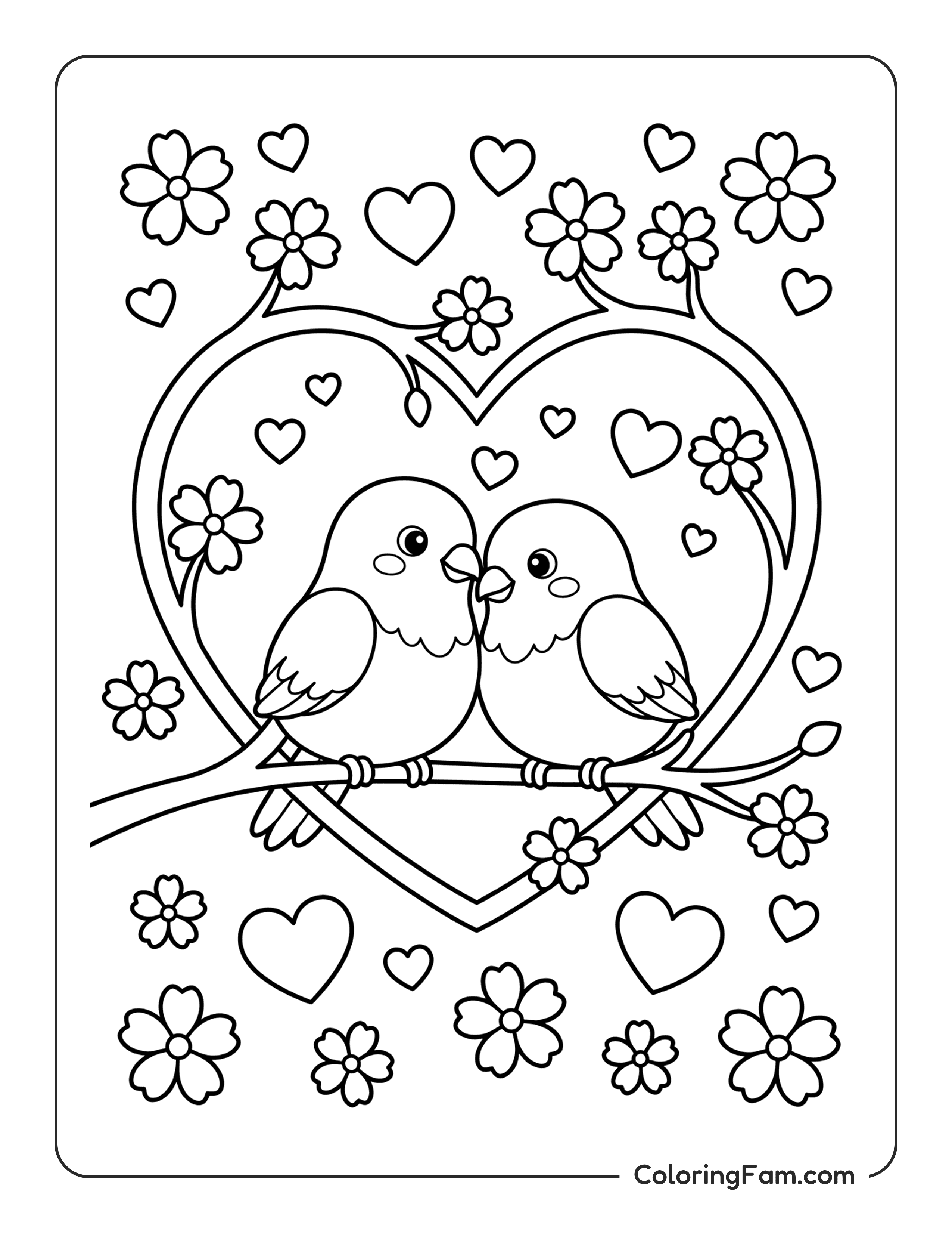 Birds On Branch Heart coloring page