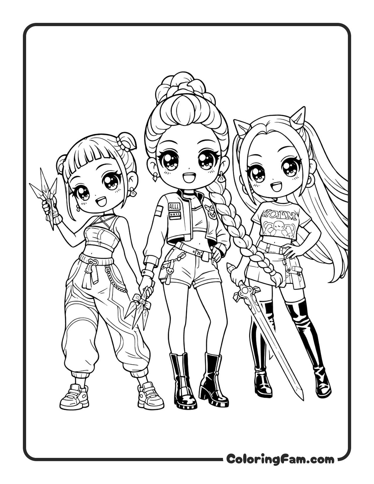 Kpop Demon Hunters Huntrix trio posing with weapons chibi coloring page