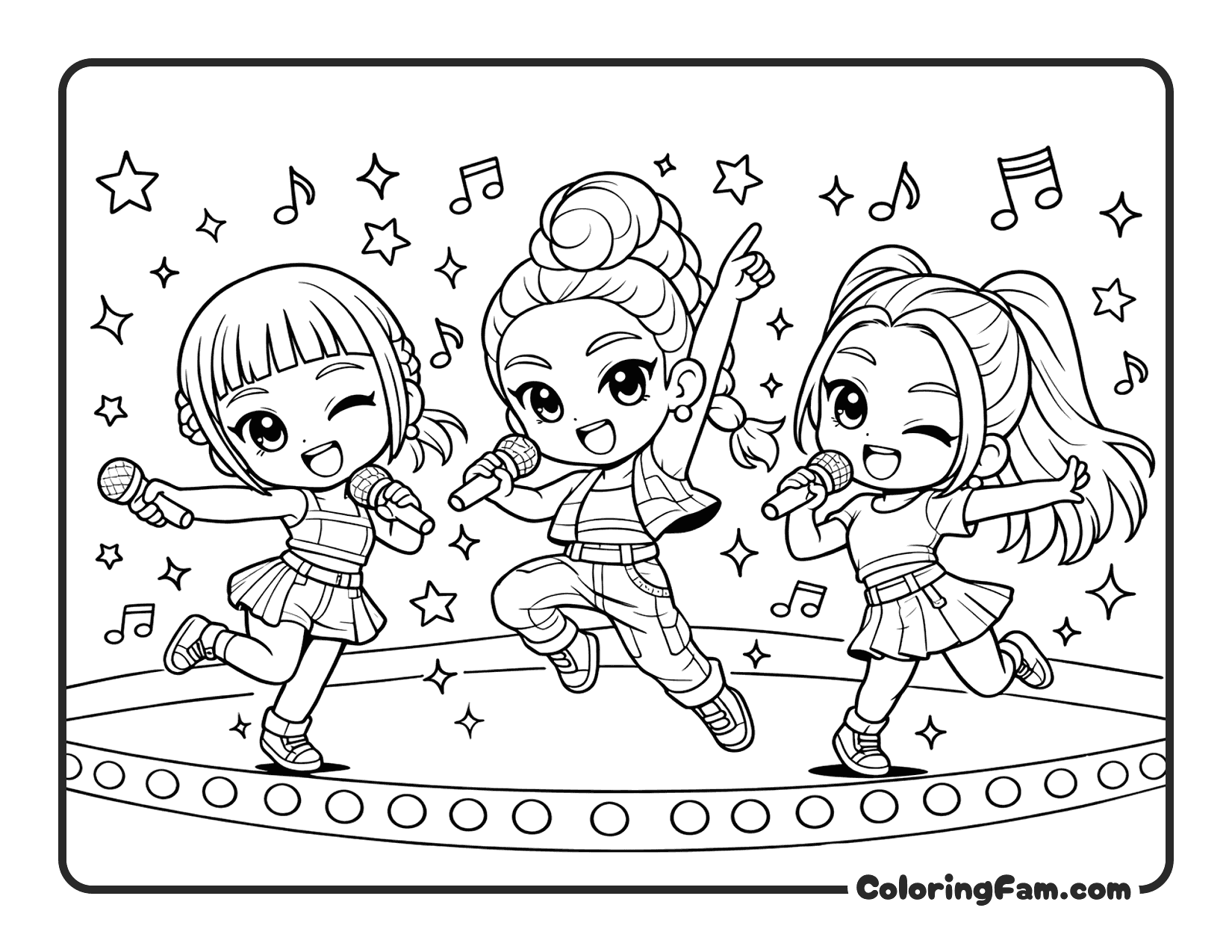Kpop Demon Hunters Huntrix trio performing on stage coloring page