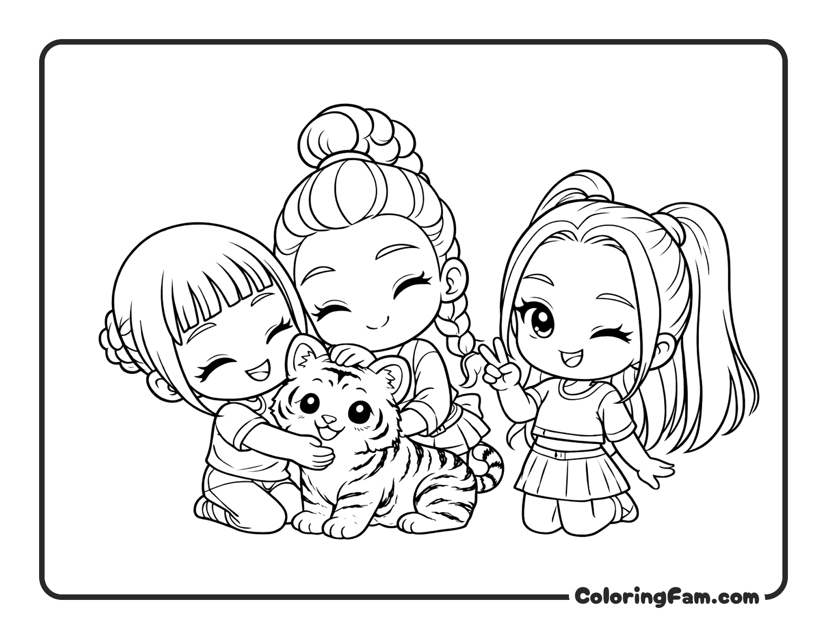 Kpop Demon Hunters Huntrix trio playing with baby tiger coloring page