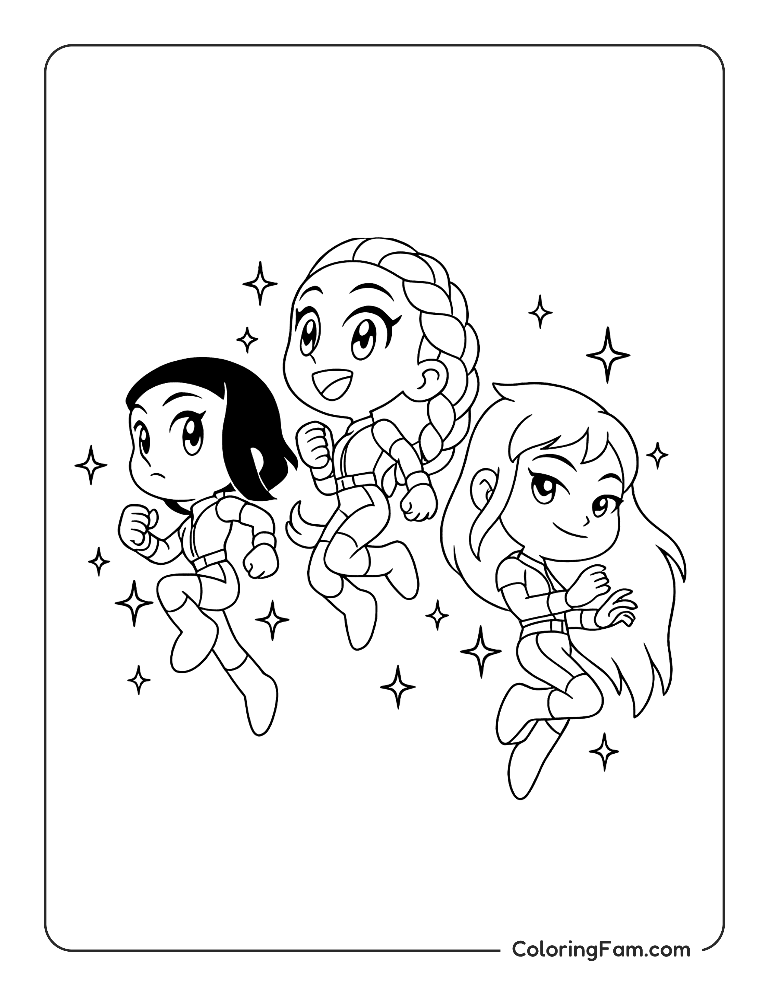 Kpop demon hunters Huntrix in cute chibi style coloring page