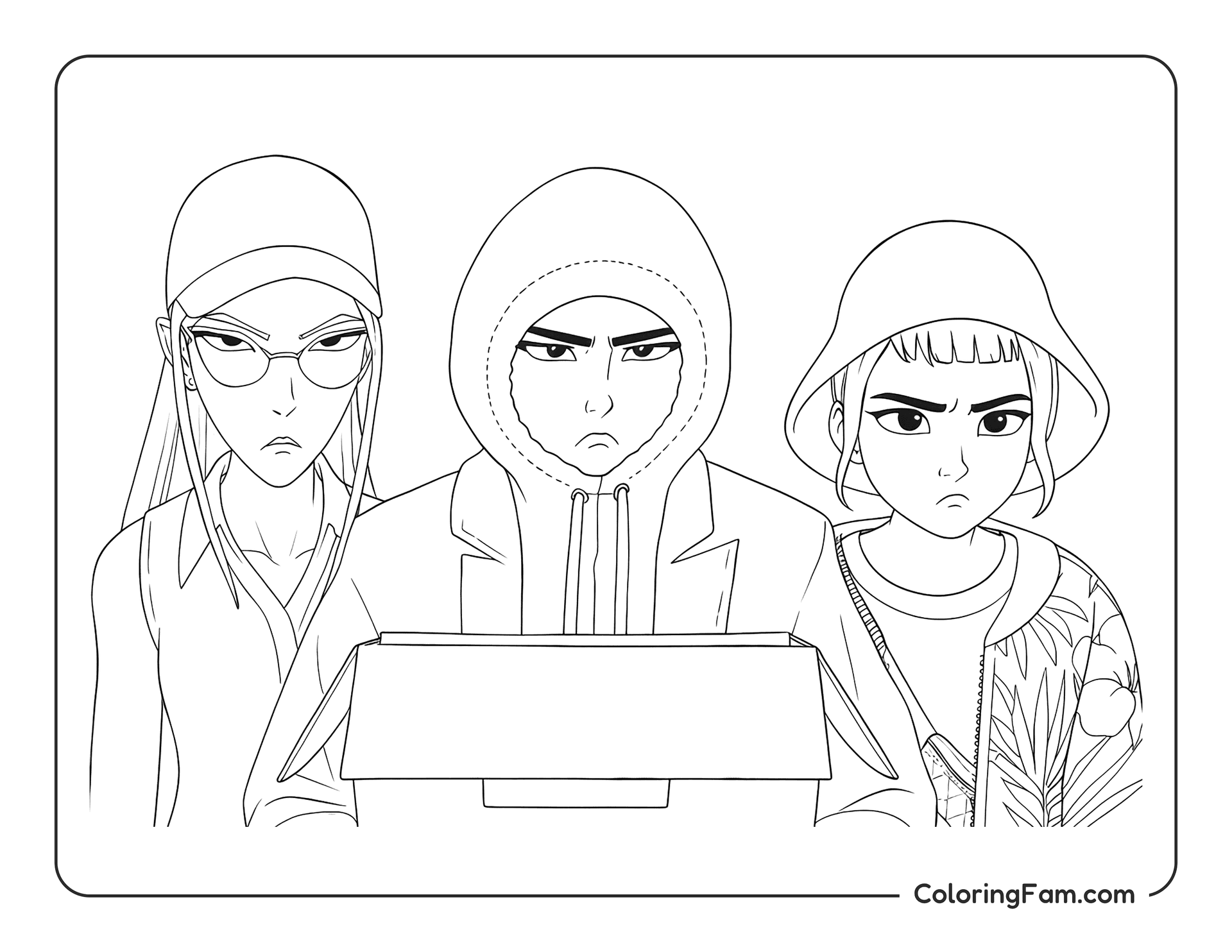 Kpop Demon Hunters trio spying on Saja Boys coloring page