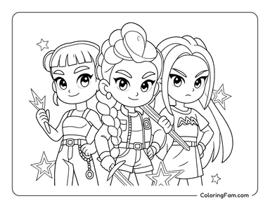 Kpop demon hunters trio posing with weapons coloring page