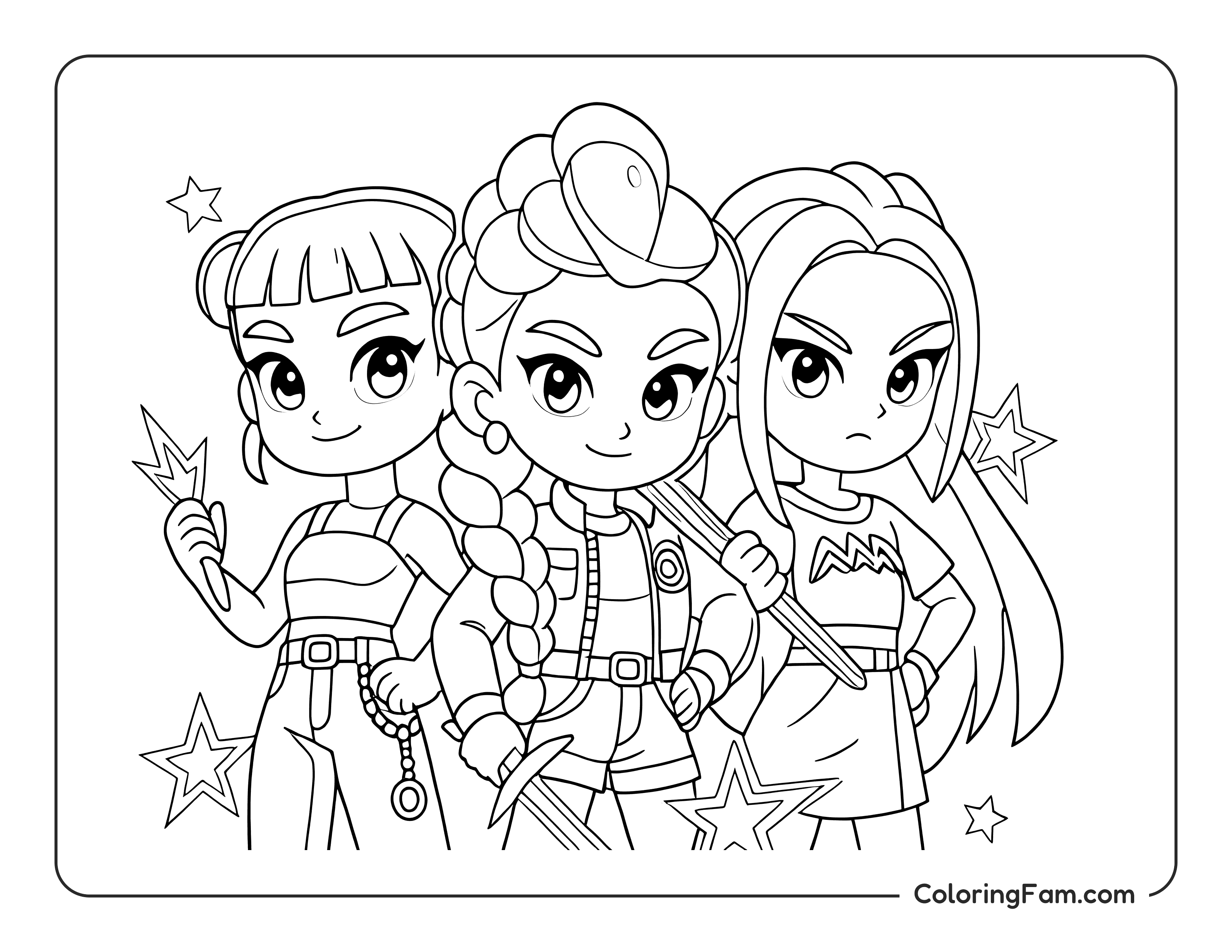 Kpop demon hunters trio posing with weapons coloring page