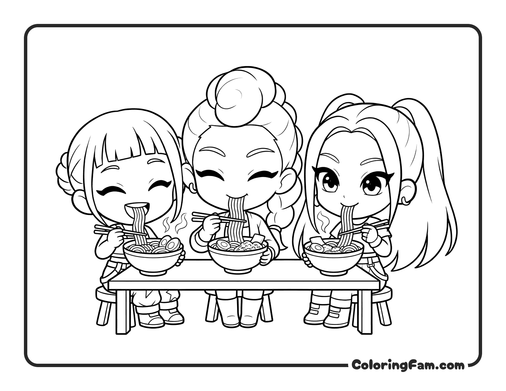 Kpop Demon Hunters Huntrix trio eating ramen together coloring page