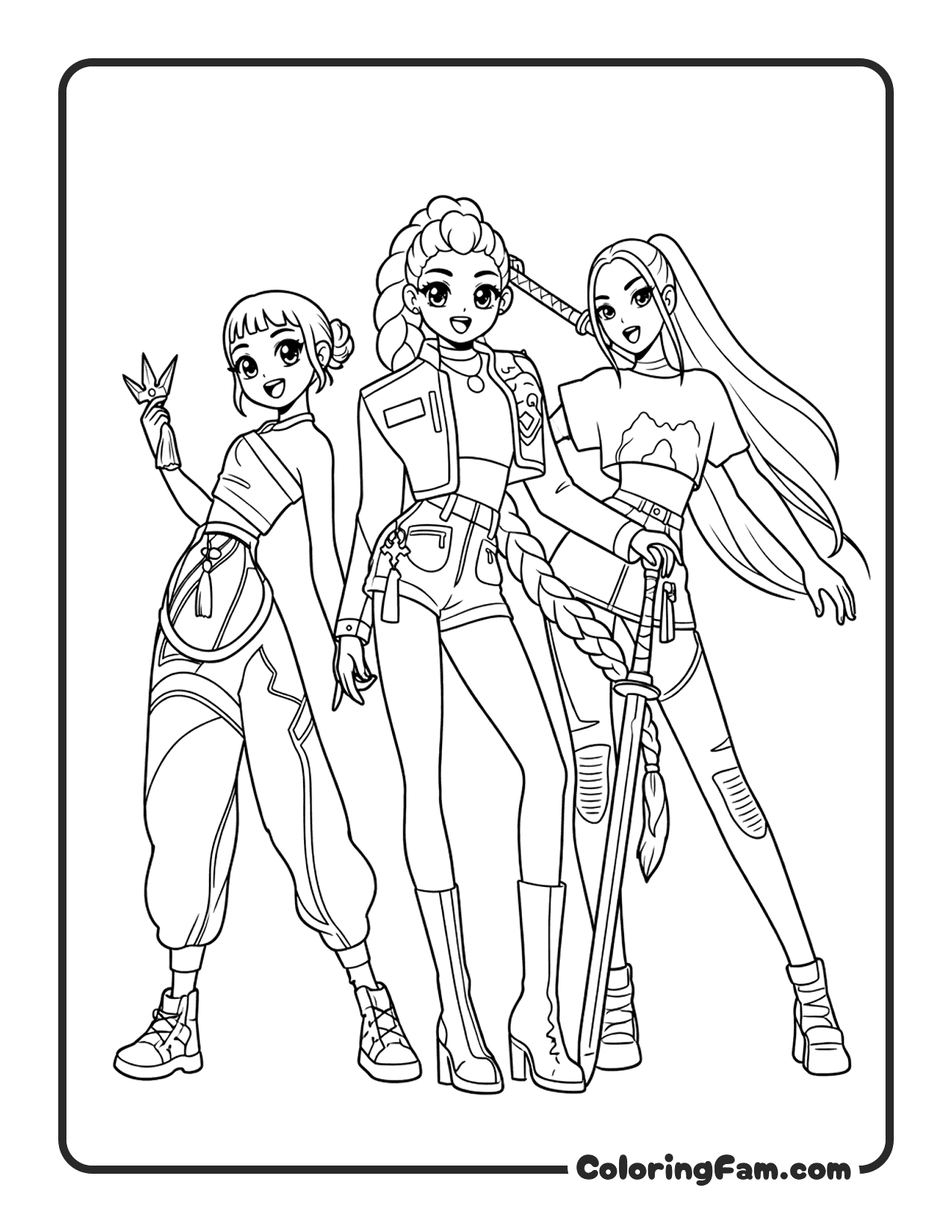 Kpop Demon Hunters Huntrix trio battle ready chibi coloring page