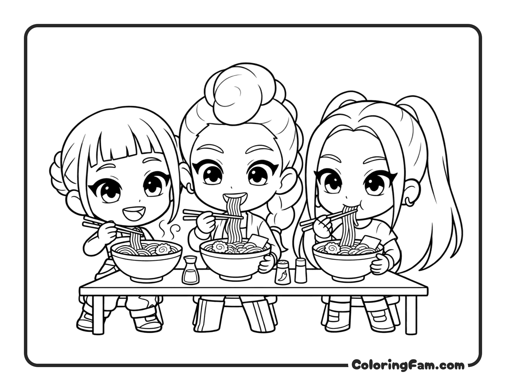 Kpop Demon Hunters Huntrix trio enjoying noodles chibi coloring page