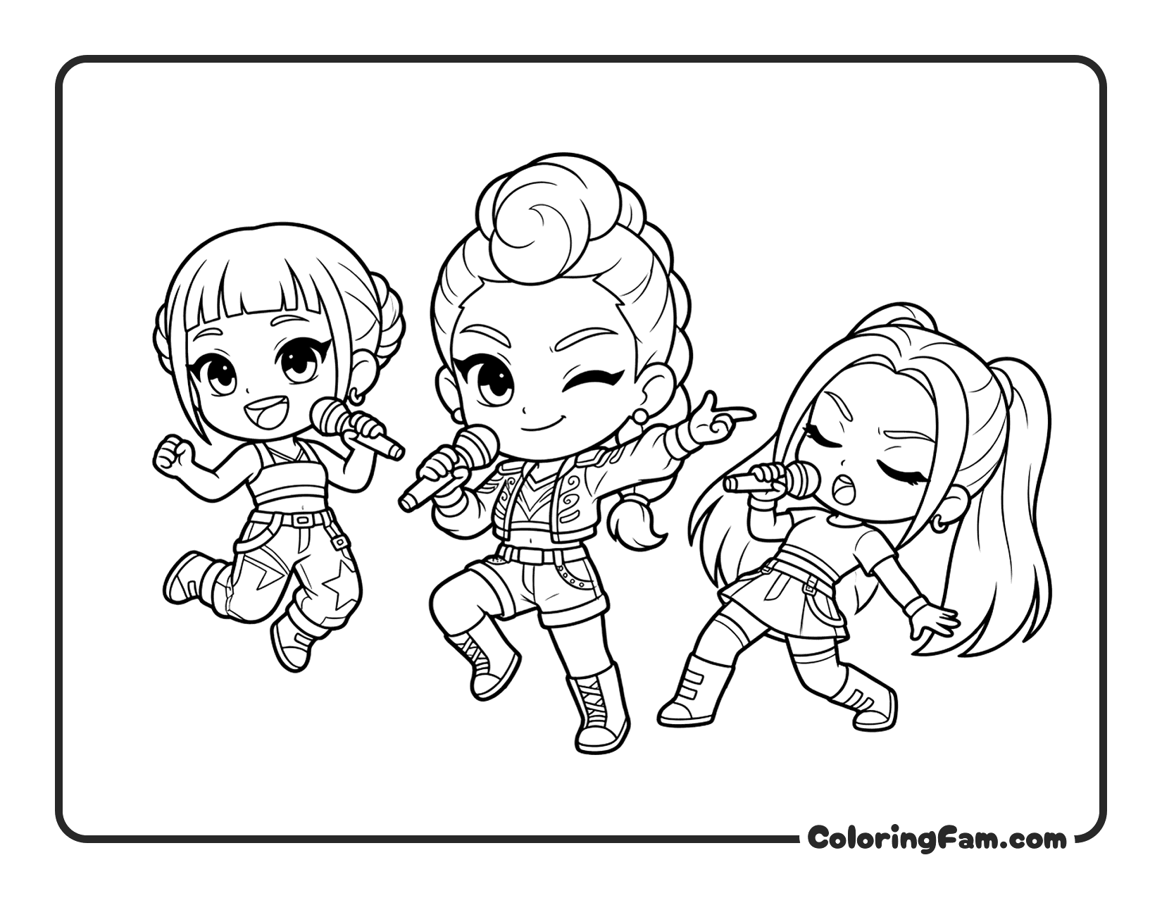 Kpop Demon Hunters Huntrix trio singing with microphones coloring page