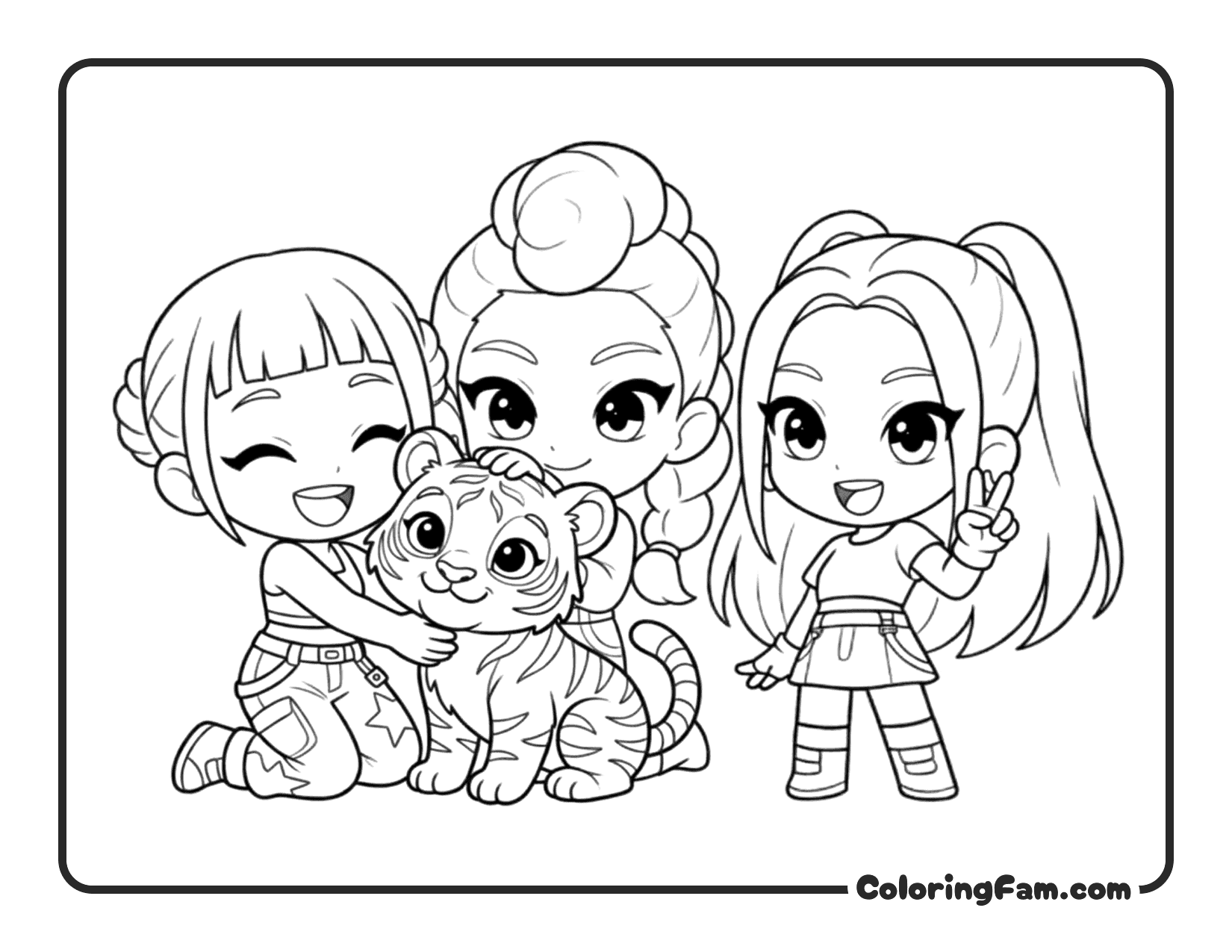Kpop Demon Hunters Huntrix trio cuddling baby tiger coloring page
