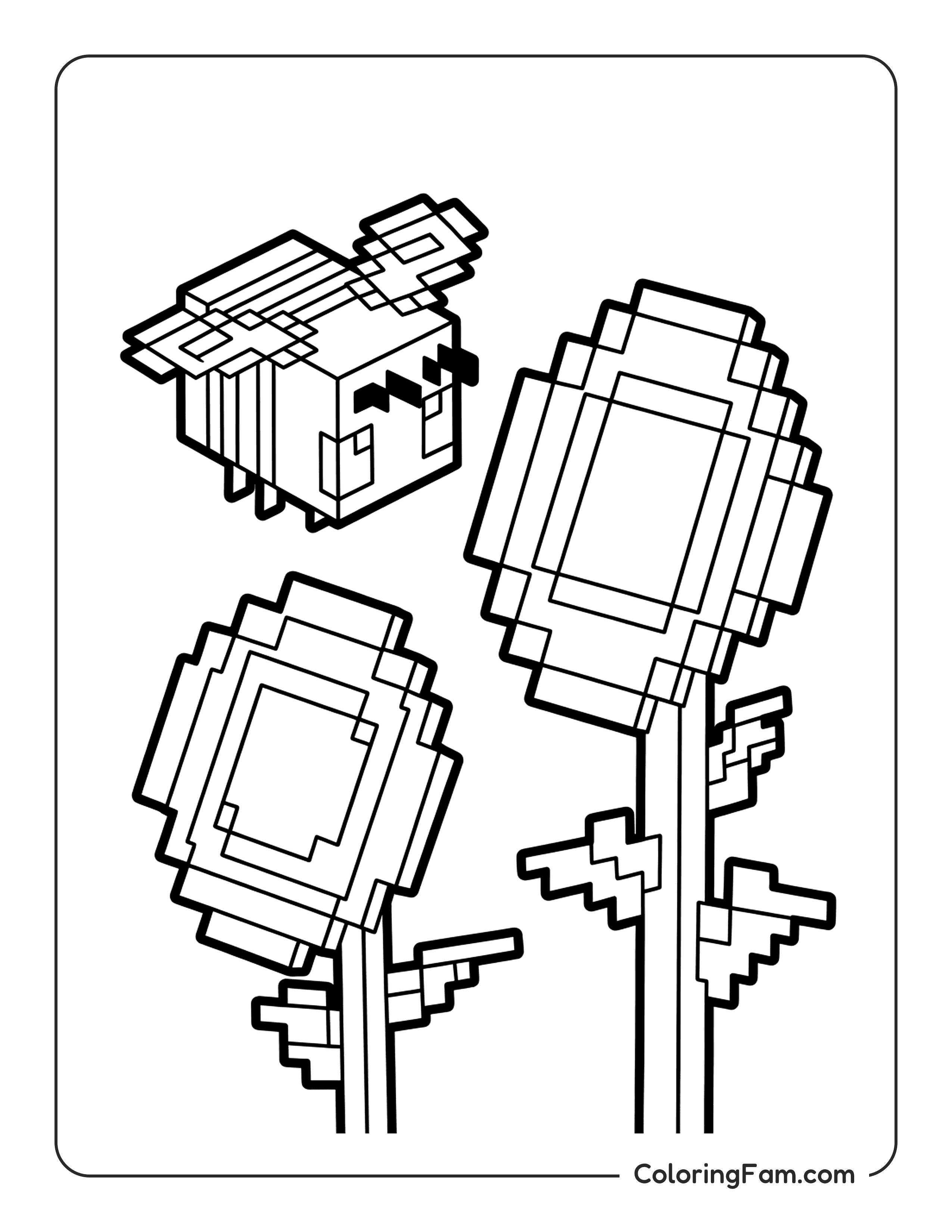Minecraft Bee Flying Near Sunflowers coloring page