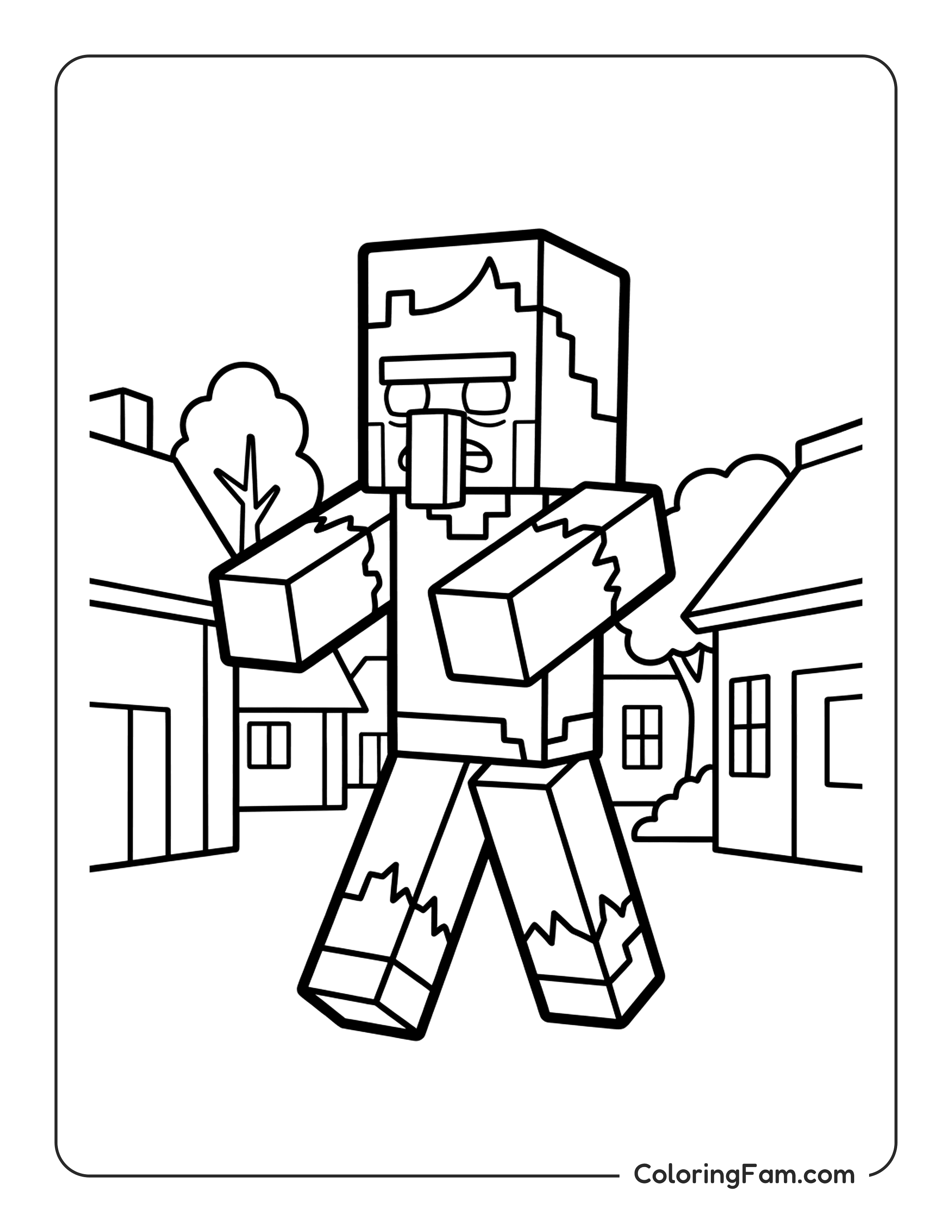 Zombie Villager Walking Through A Village coloring page