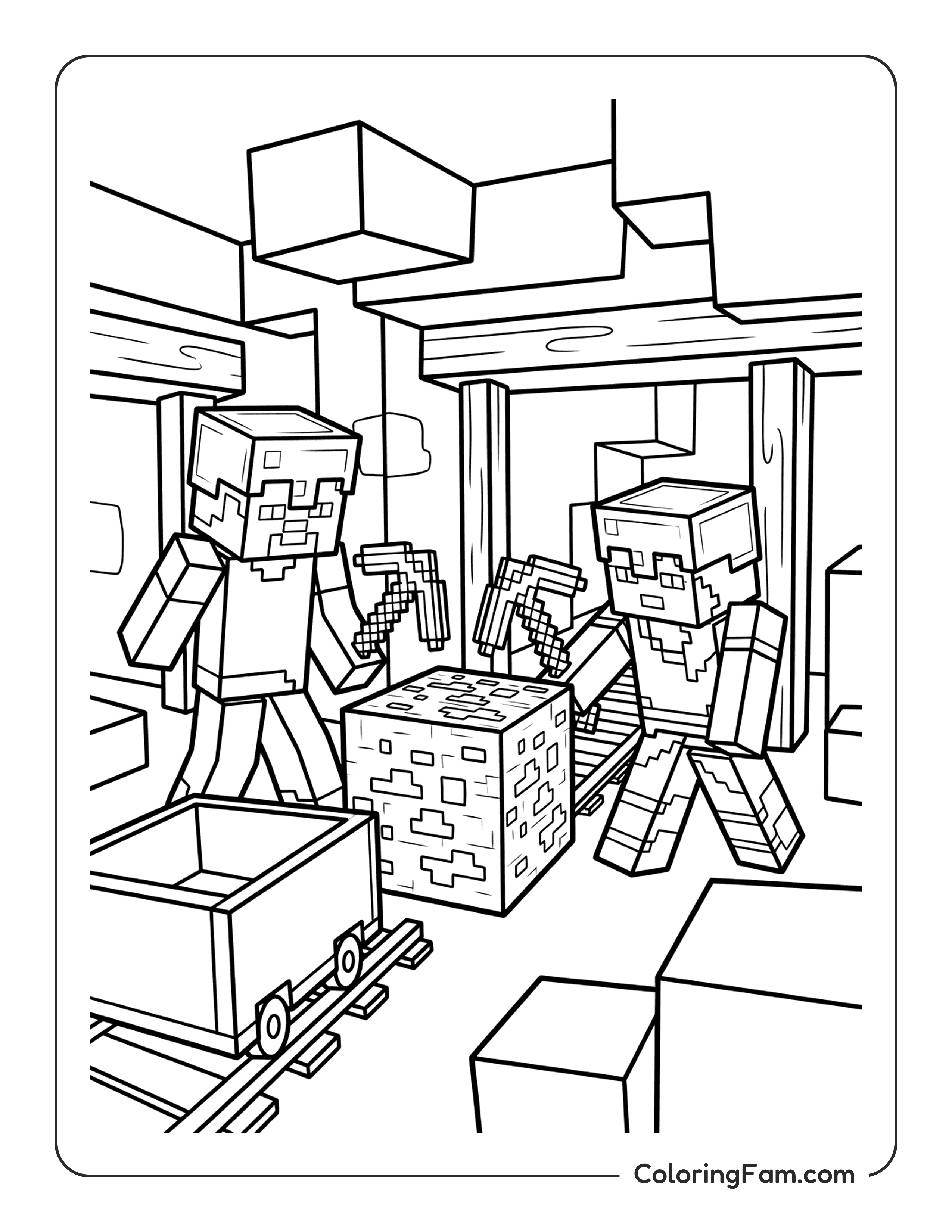 Steve And Alex Mining Diamonds In A Cave coloring page