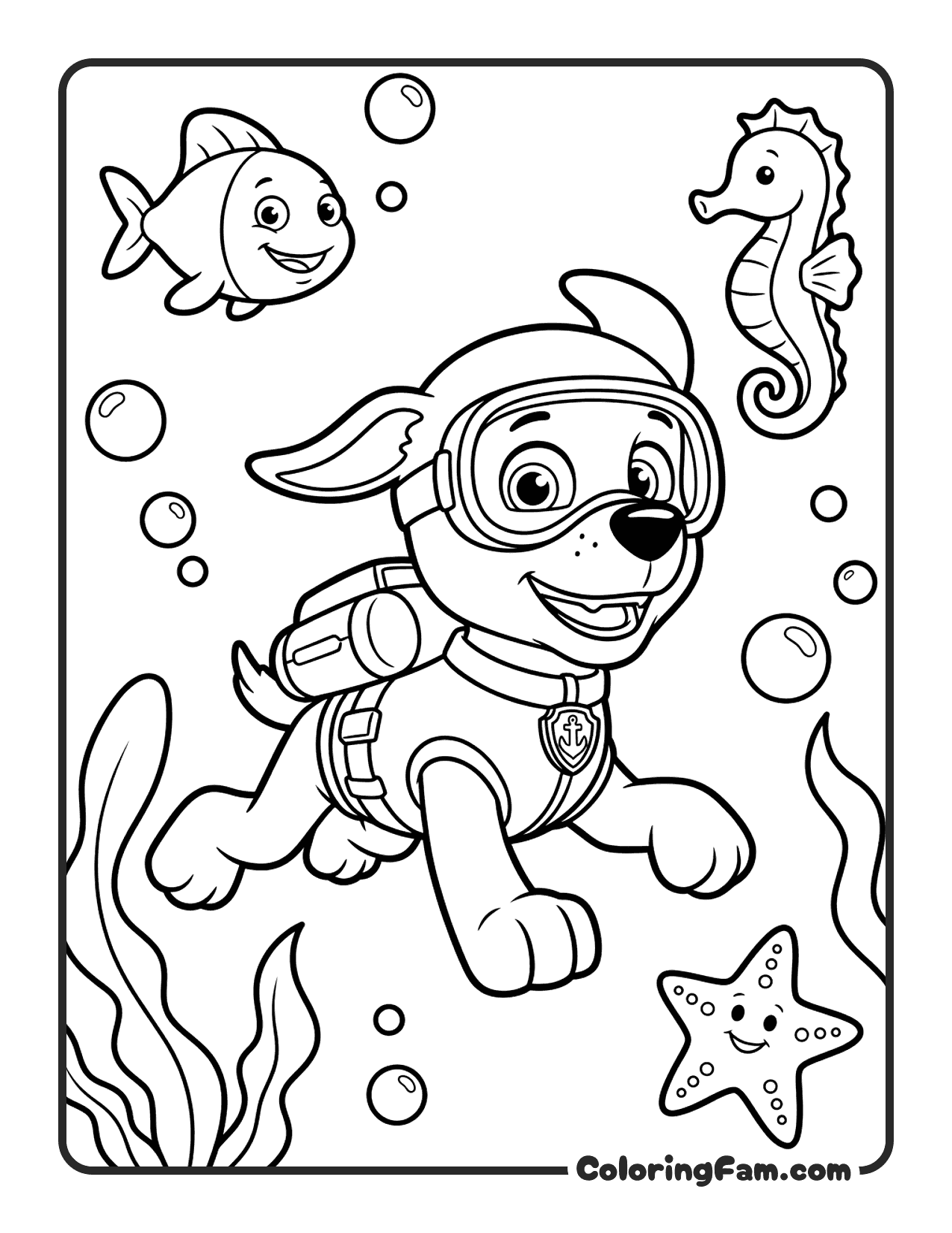 Zuma Diving Underwater With Goggles coloring page