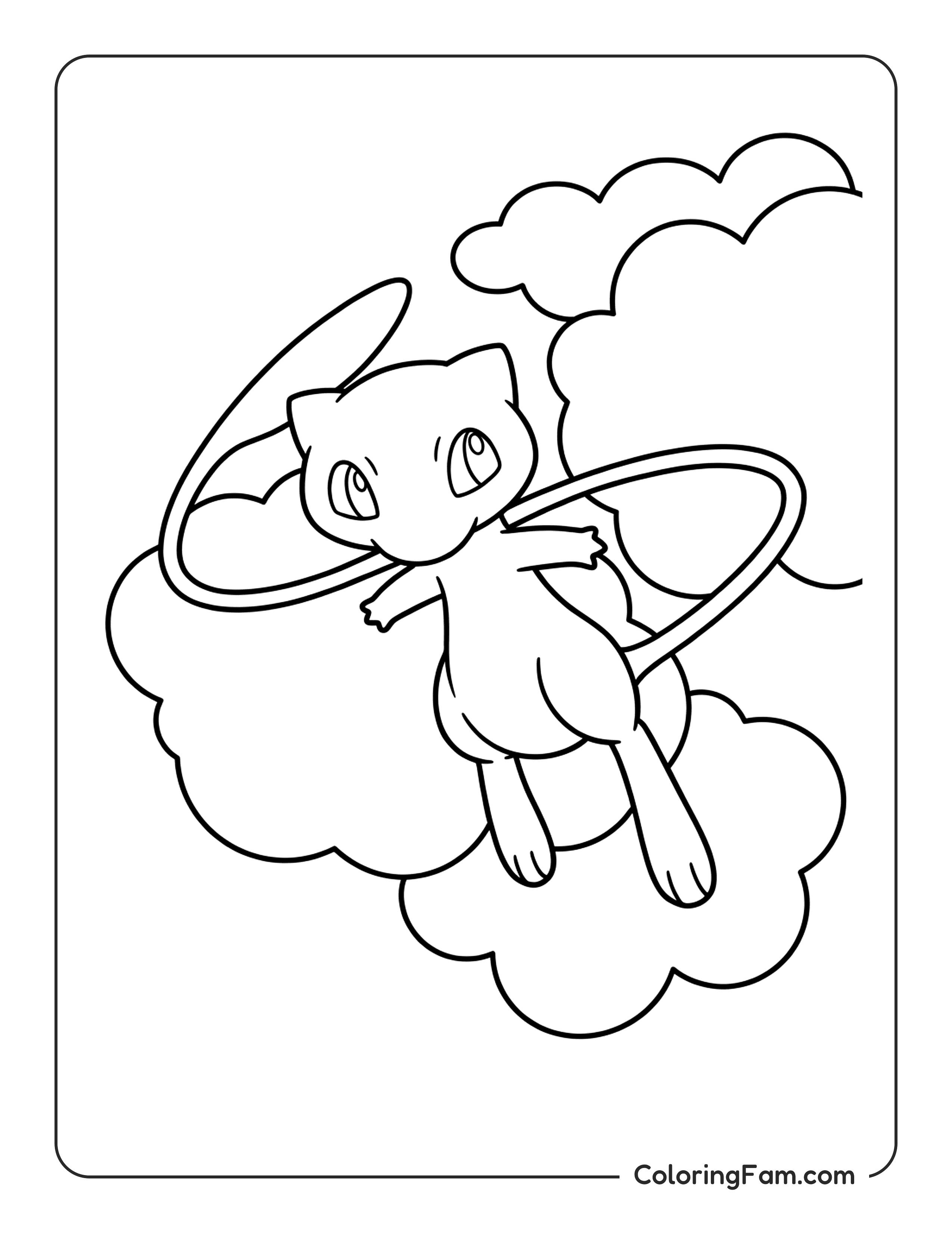 Mew Flying Playfully Through Clouds coloring page