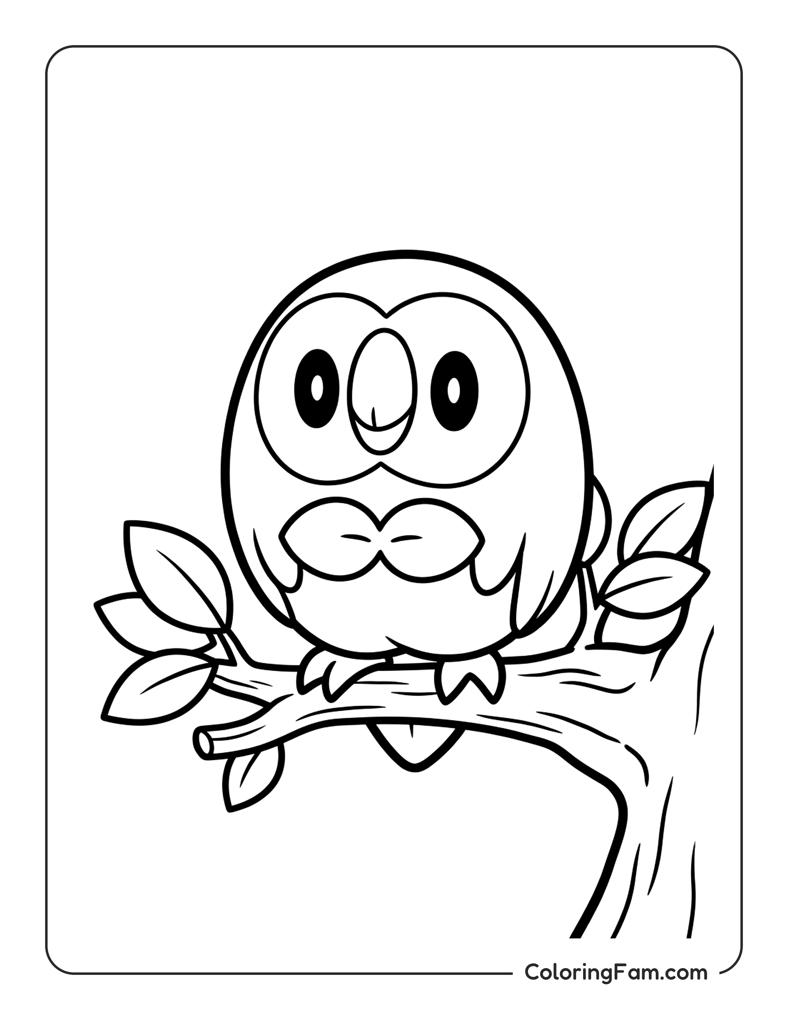 Rowlet Perched On A Tree Branch coloring page
