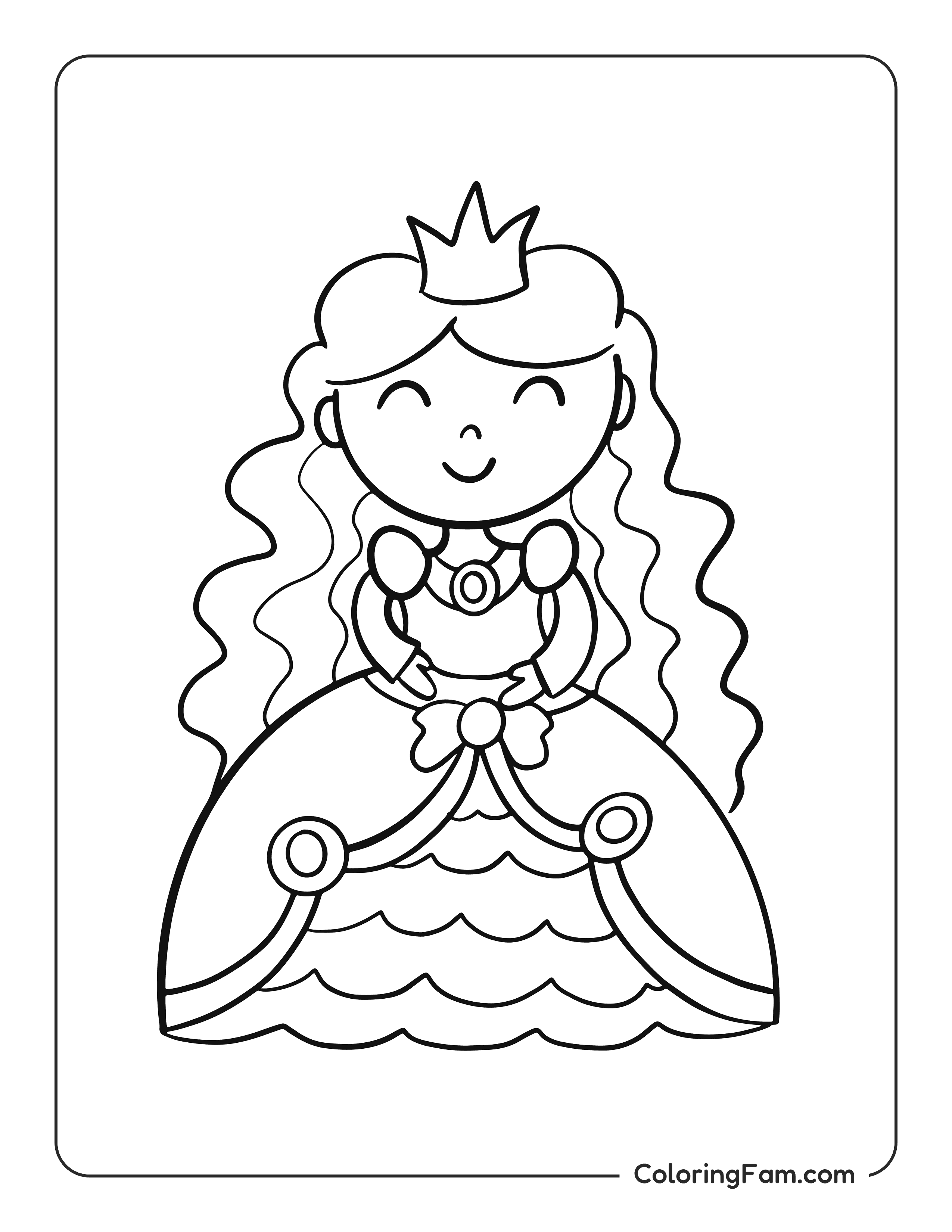 Chibi princess wearing gown coloring page